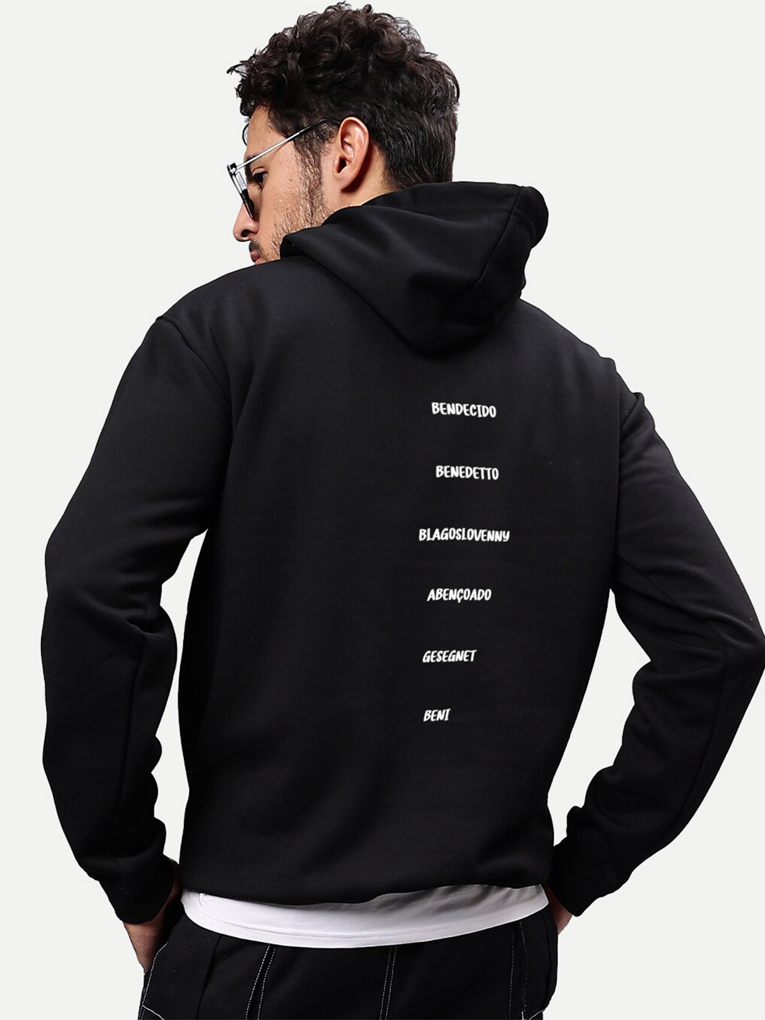 

Mad Over Print Typography Printed Hooded Fleece Pullover Sweatshirt, Black