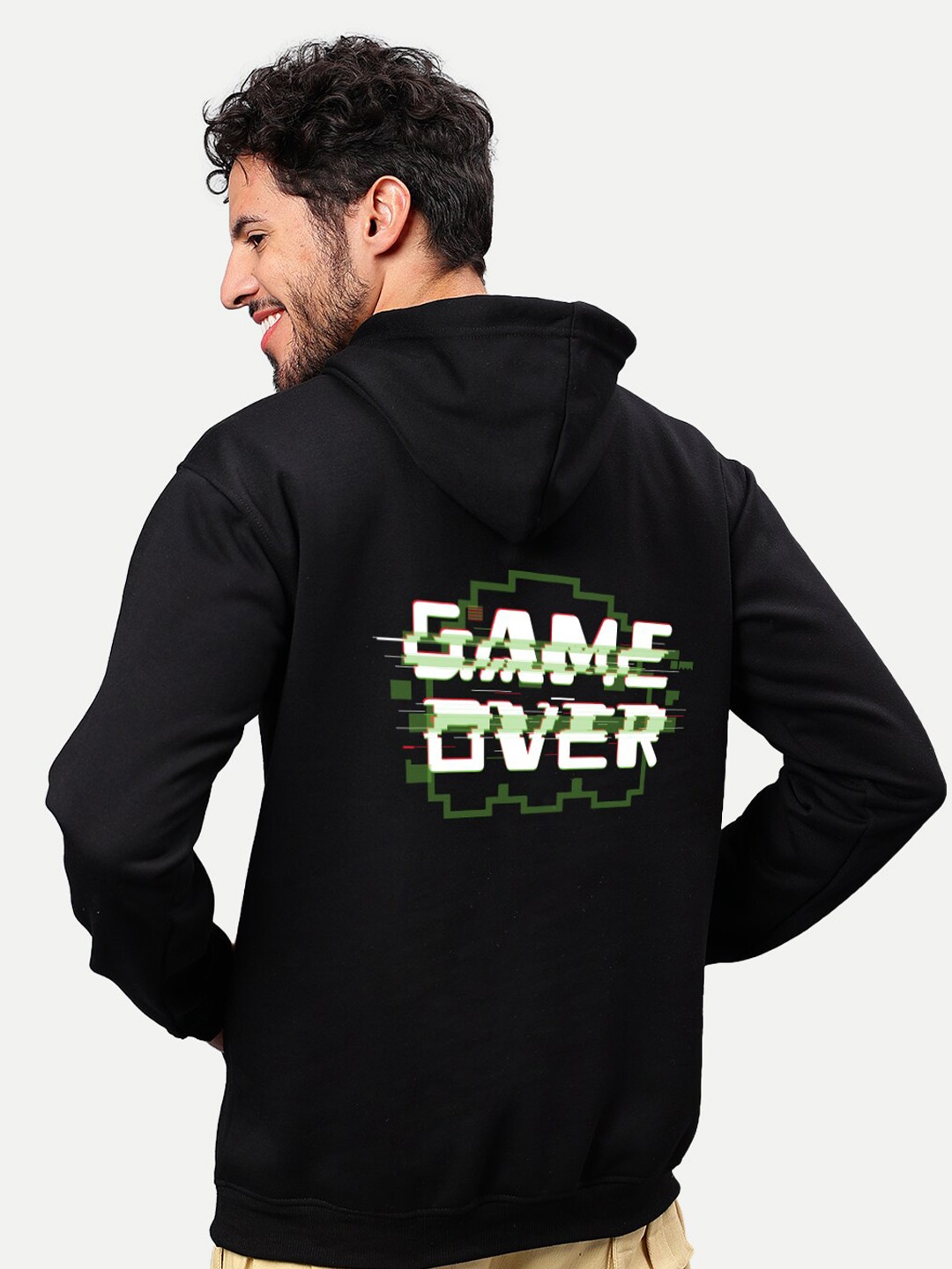 

Mad Over Print Typography Printed Hooded Fleece Pullover Sweatshirt, Black
