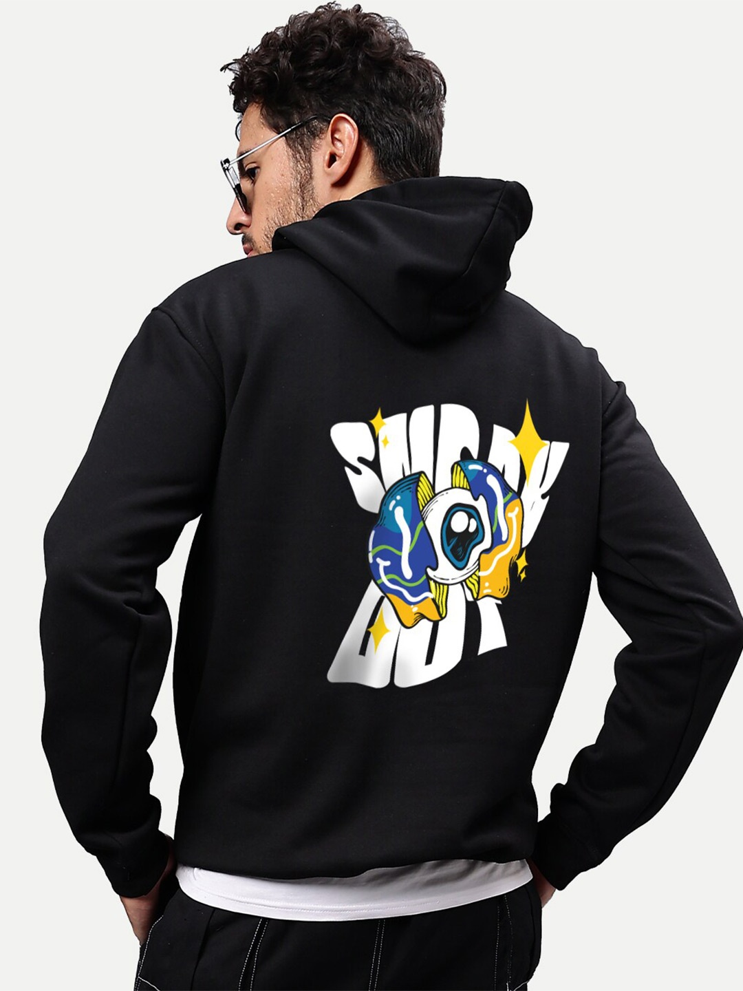 

Mad Over Print Typography Printed Hooded Fleece Pullover Sweatshirt, Black
