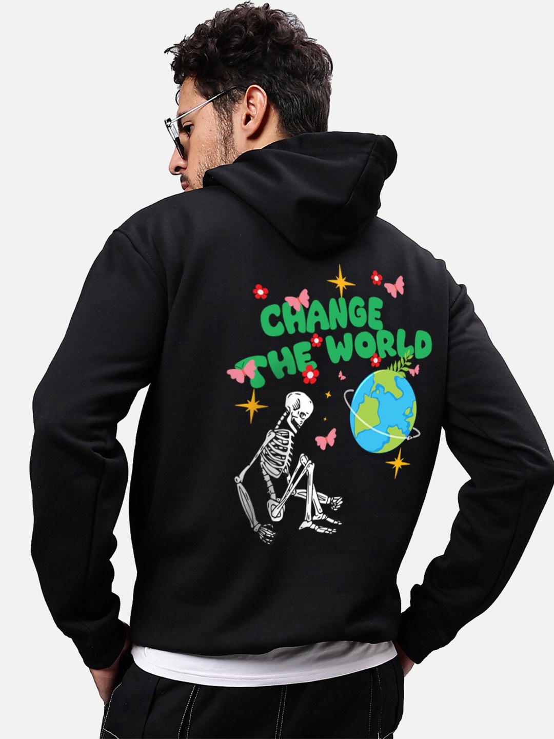 

Mad Over Print Typography Printed Hooded Fleece Pullover Sweatshirt, Black