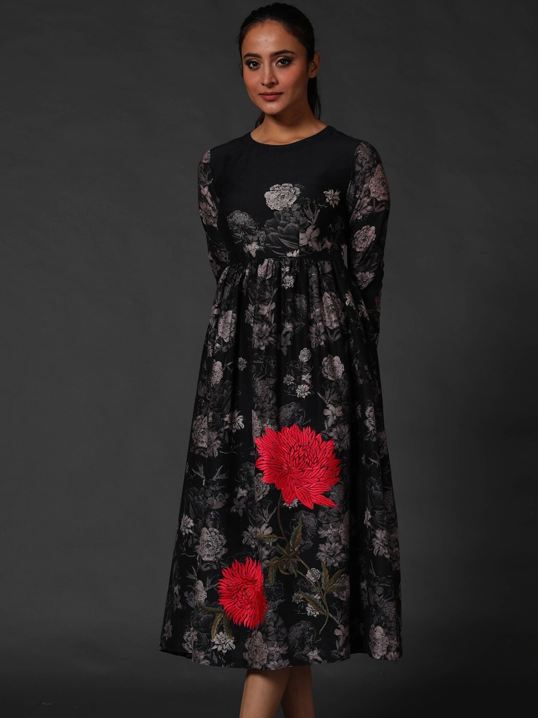 

Balance by Rohit Bal Floral Printed Gathered Detailed Chanderi Silk Fit & Flare Dress, Black