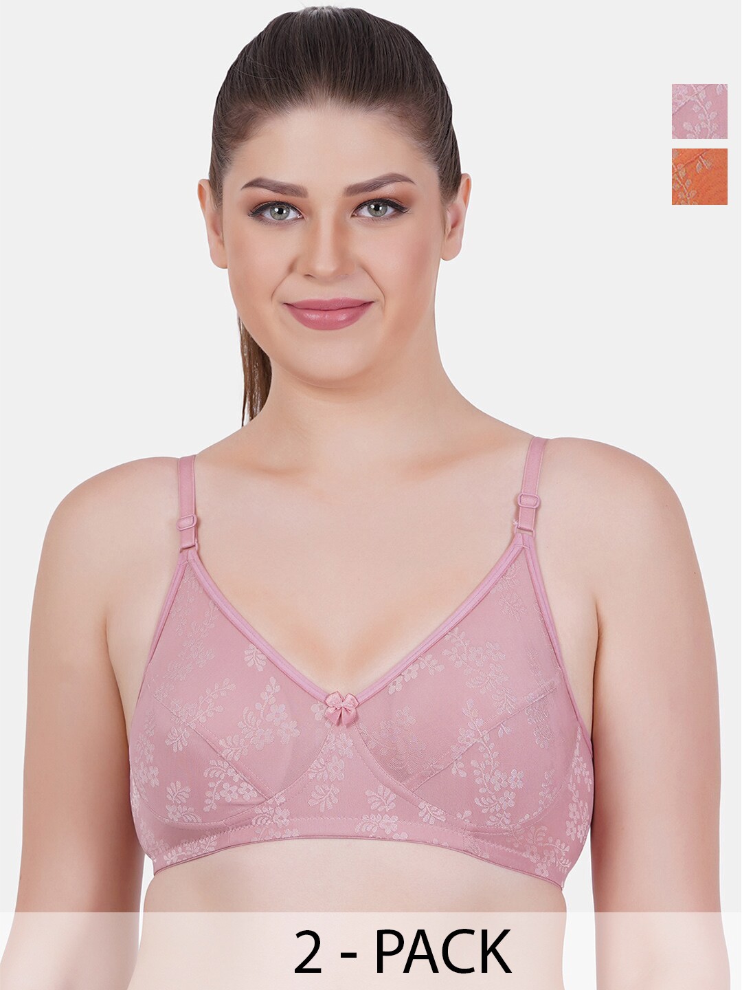 

Reveira Pack Of 2 Floral Printed Medium Coverage Bra With All Day Comfort, Orange