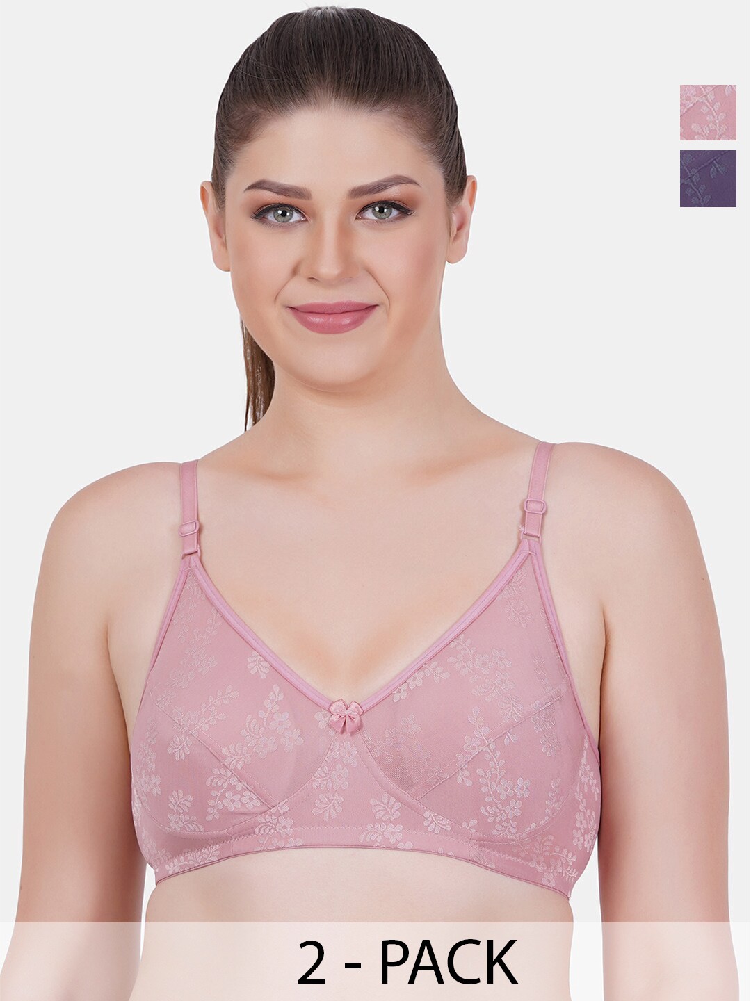 

Reveira Pack Of 2 Floral Printed Medium Coverage Bra With All Day Comfort, Pink