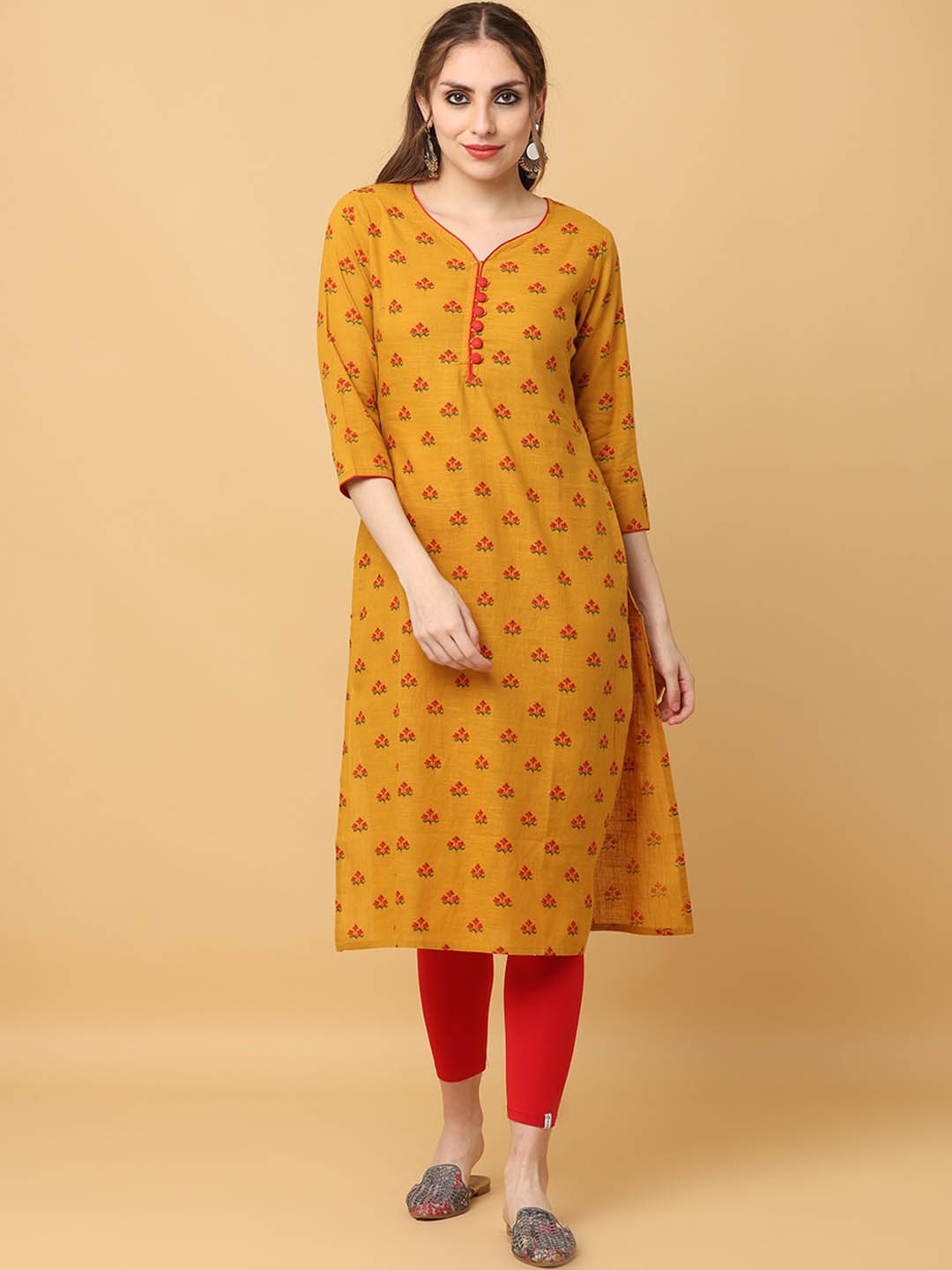 

KALINI Etnic Motifs Printed V-Neck Cotton Straight Kurta, Mustard