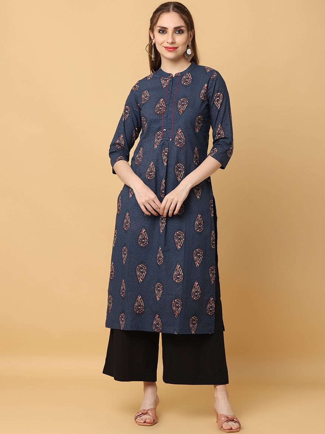 

KALINI Ethnic Motifs Printed Mandarin Collar Cotton Straight Kurta, Blue