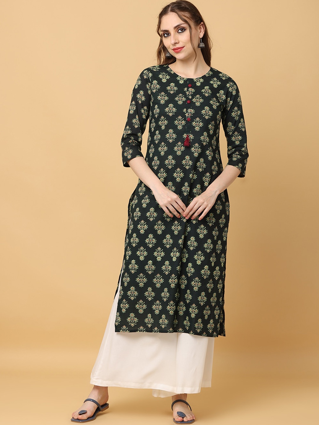 

KALINI Ethnic Motifs Printed Round Neck Cotton Kurta, Green