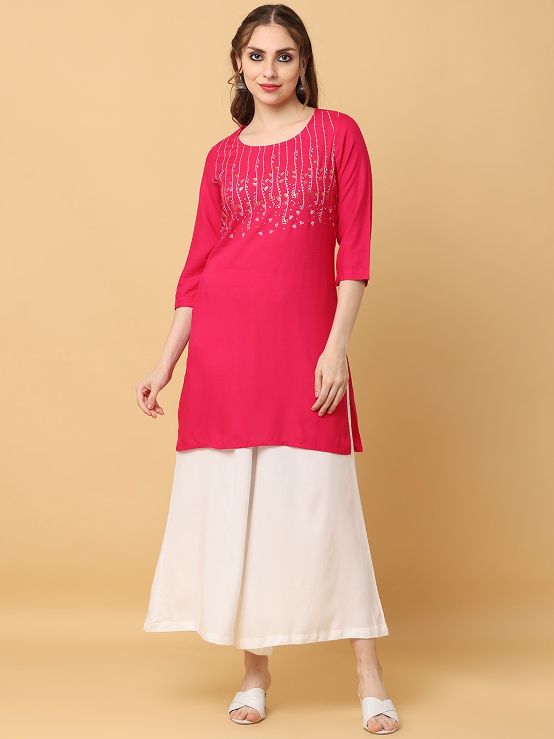 

KALINI Floral Foil Printed Straight Kurta, Pink