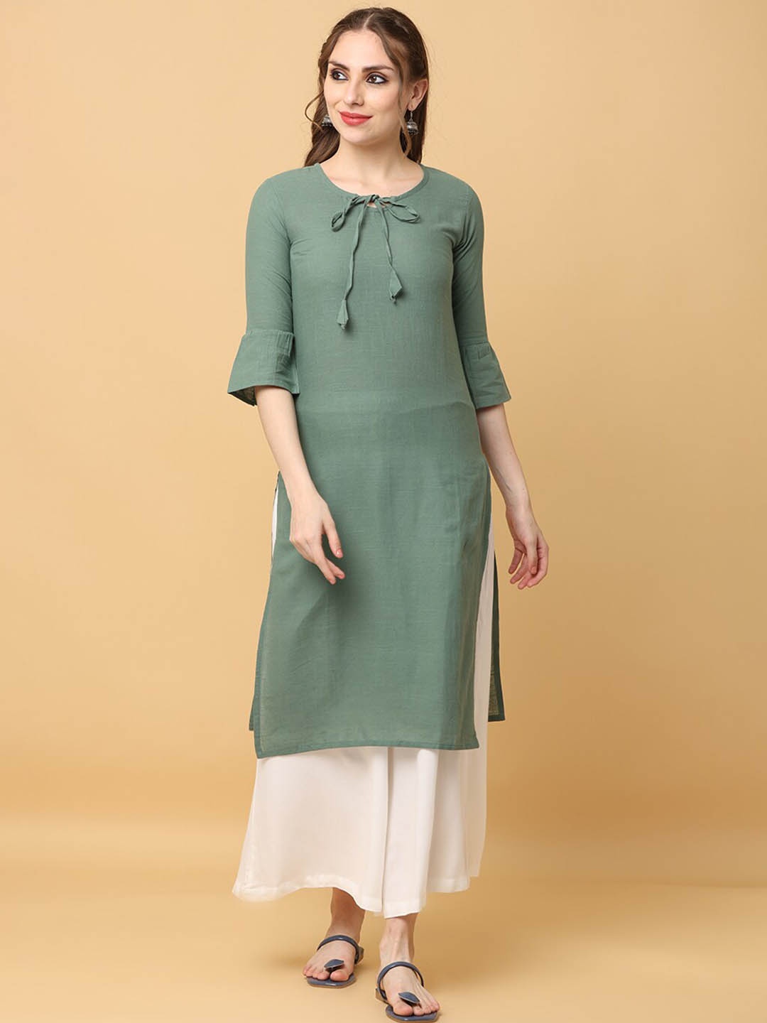 

KALINI Tie-Up Neck Bell Sleeves Cotton Kurta, Green