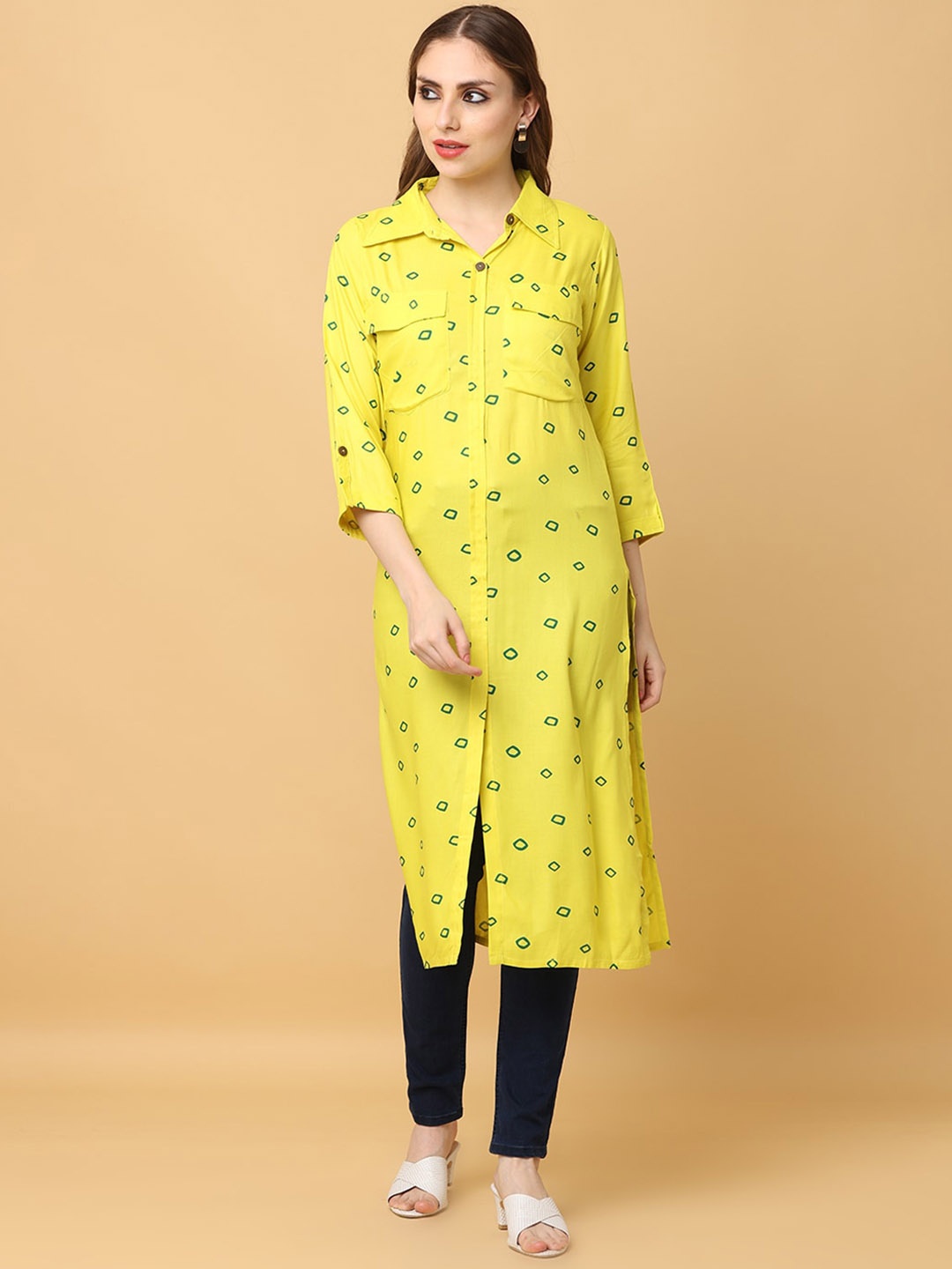 

KALINI Geometric Printed Shirt Collar Roll-Up Sleeves Pathani Kurta, Yellow