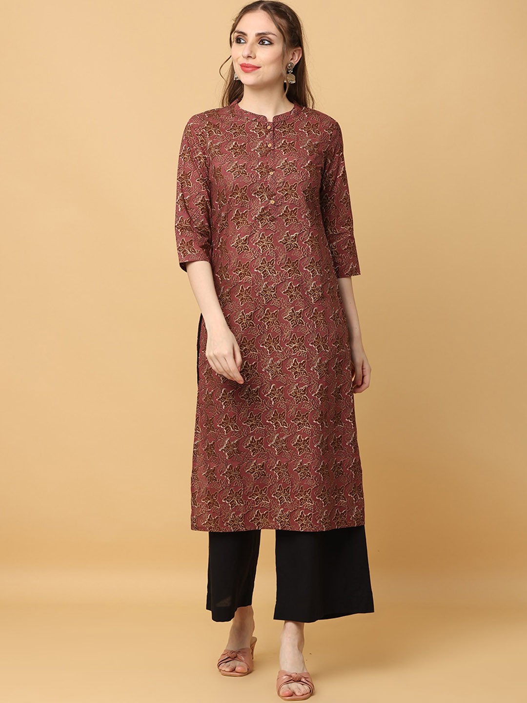 

KALINI Floral Printed Mandarin Collar Cotton Straight Kurta, Brown