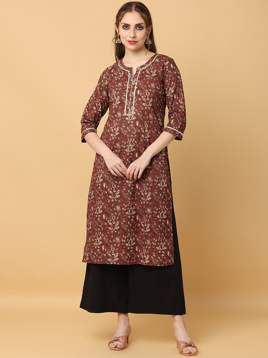 

KALINI Floral Bagru Printed Lace Detail Notched Neck Cotton Kurta, Brown