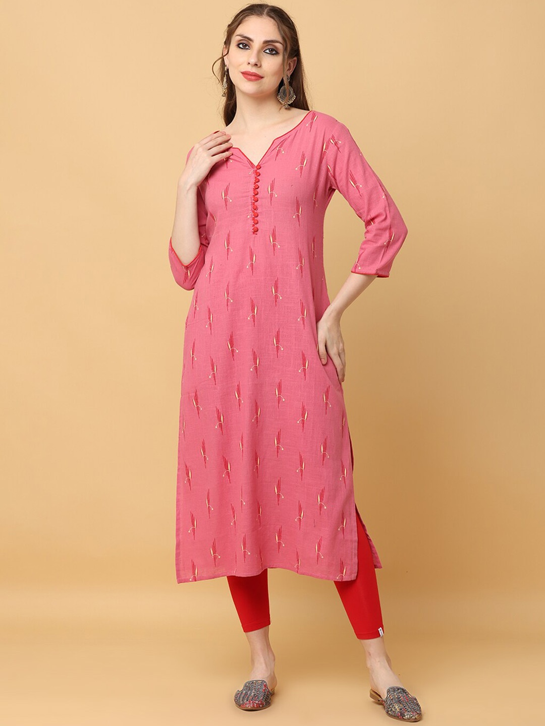 

KALINI Ethnic Motifs Printed V-Neck Cotton Kurta, Pink