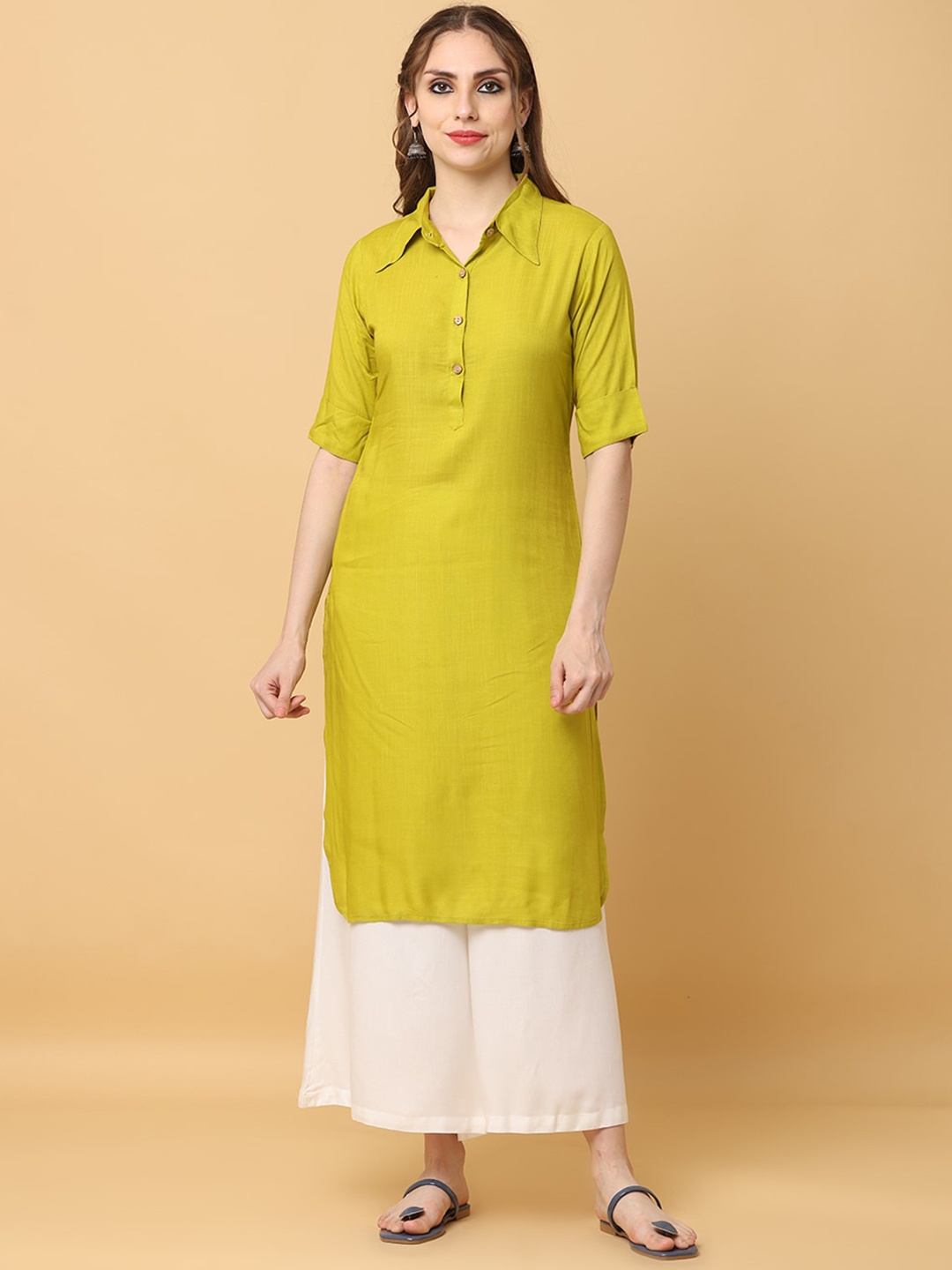 

KALINI Shirt Collar Short Sleeves Straight Kurta, Yellow