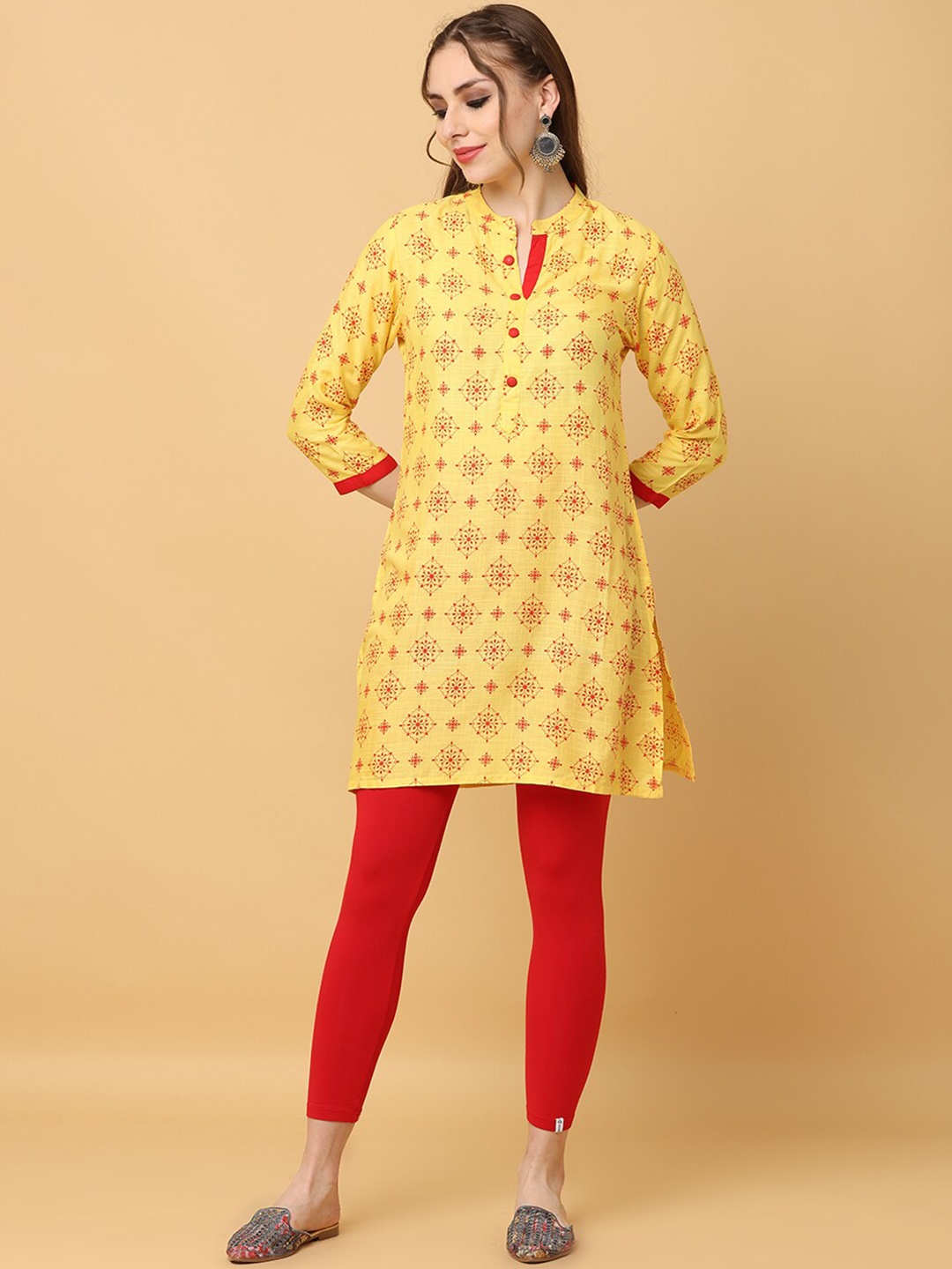 

KALINI Ethnic Motifs Printed Mandarin Collar Kurta, Yellow