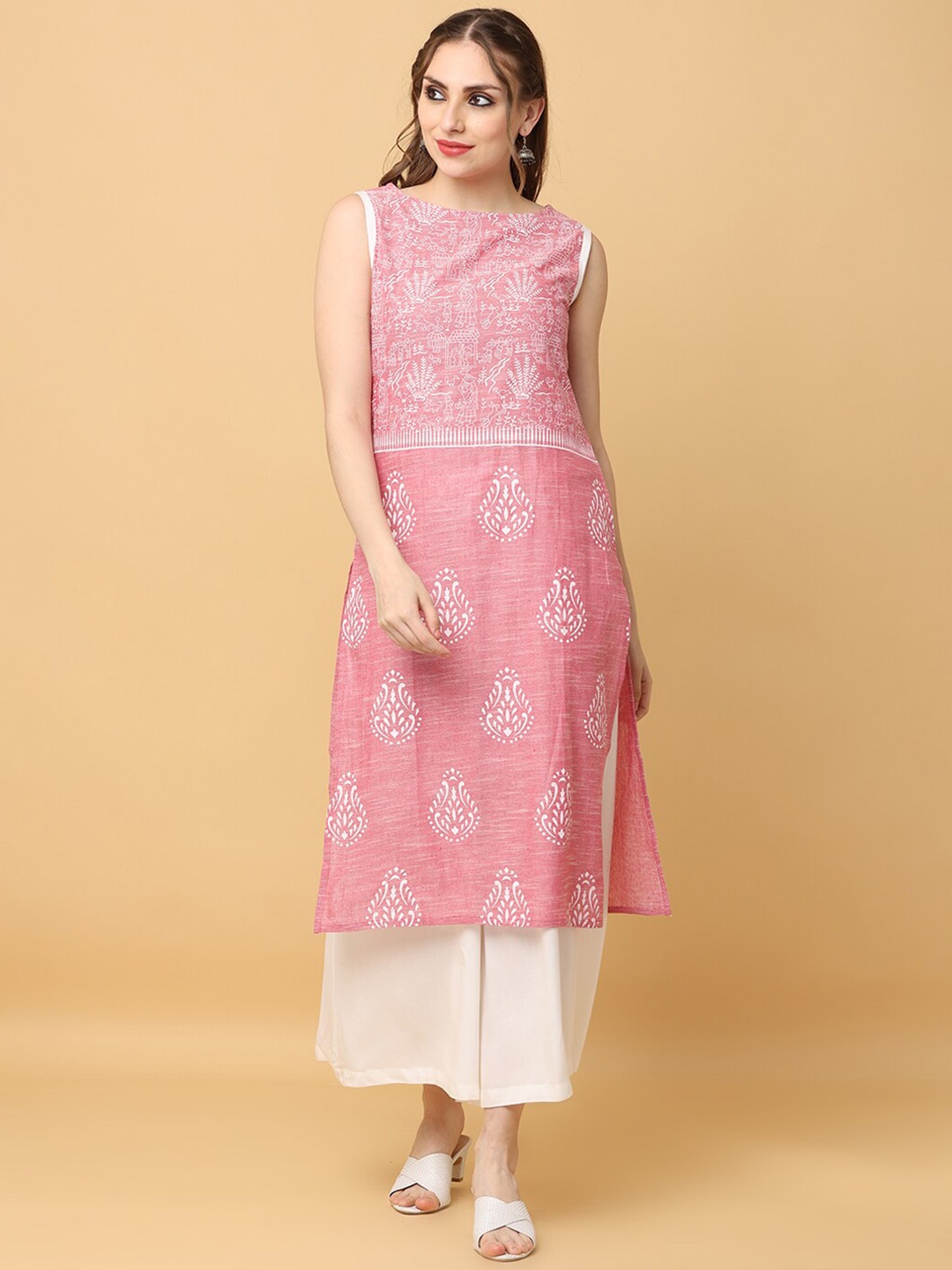 

KALINI Ethnic Motifs Printed Boat Neck Cotton Straight Kurta, Pink
