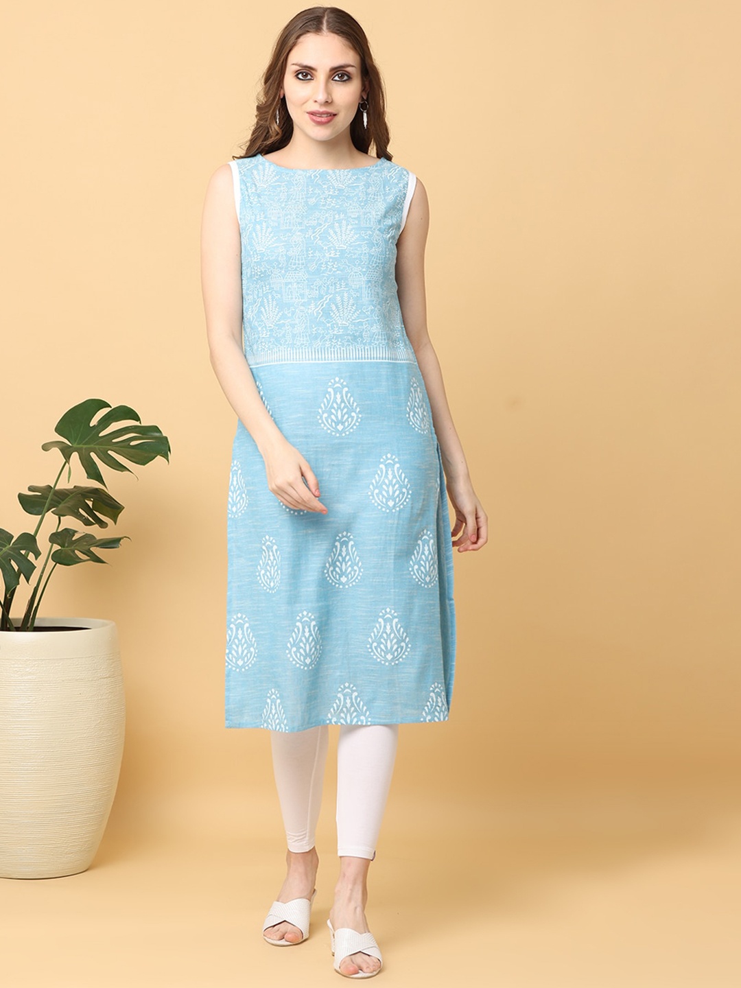 

KALINI Ethnic Motifs Printed Boat Neck Cotton Straight Kurta, Turquoise blue