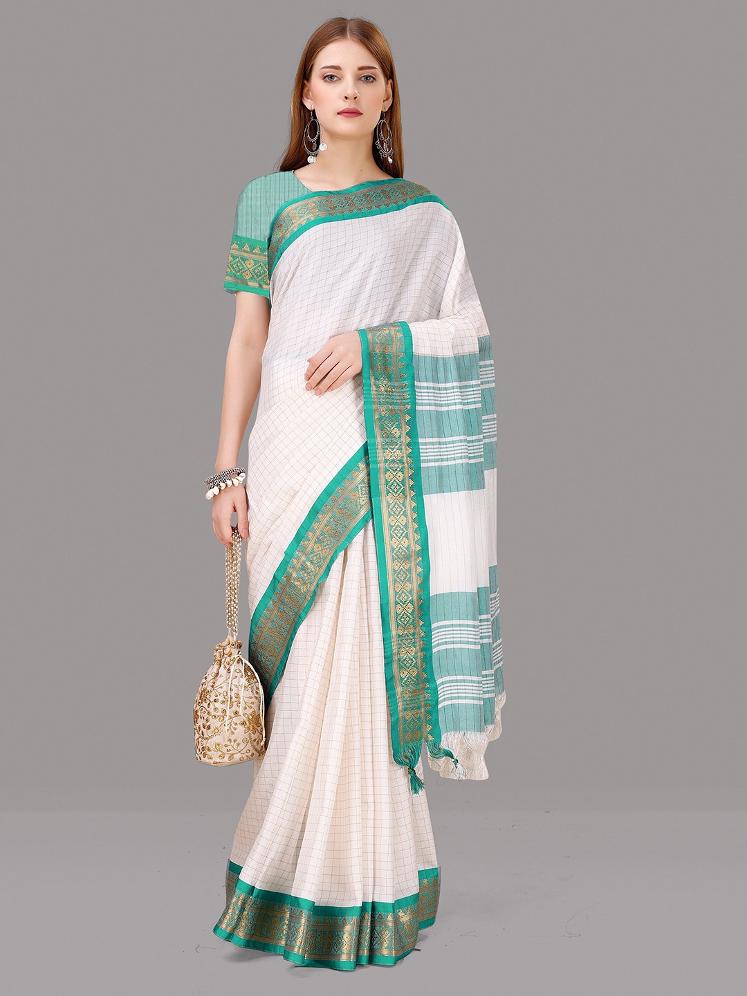

ZIBLON Checked Zari Kanjeevaram Saree, White