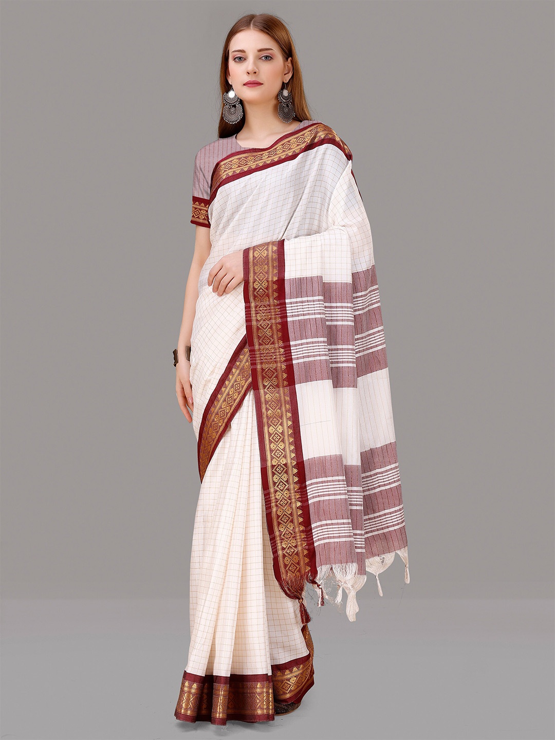 

ZIBLON Checked Zari Kanjeevaram Saree, White