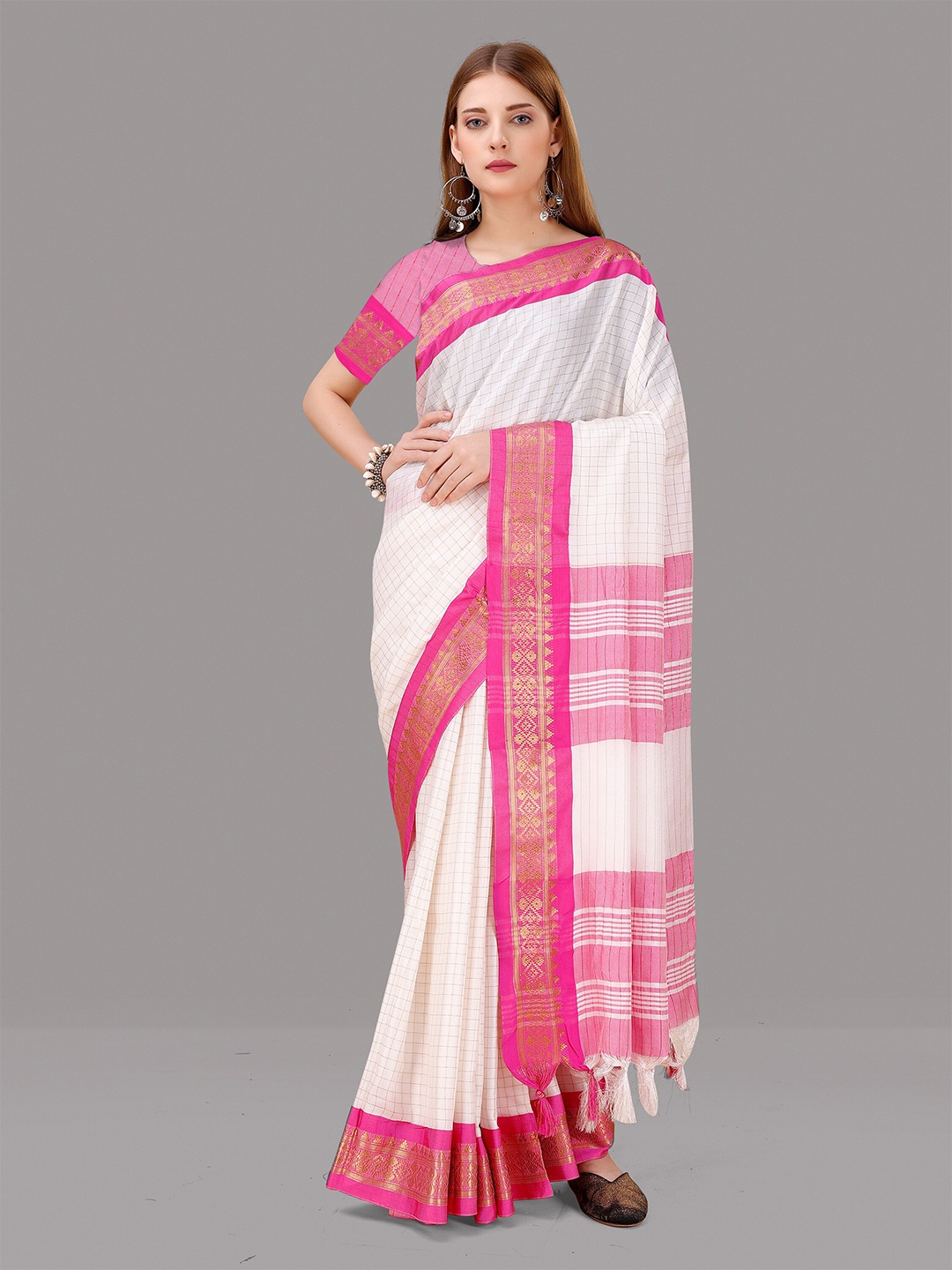 

ZIBLON Checked Zari Kanjeevaram Saree, White