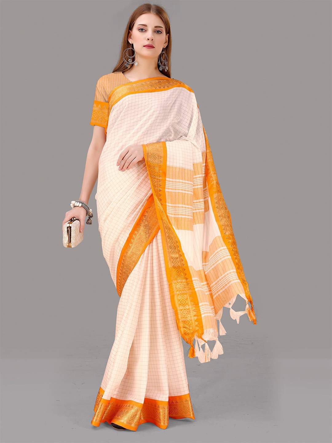 

ZIBLON Checked Zari Kanjeevaram Saree, Orange