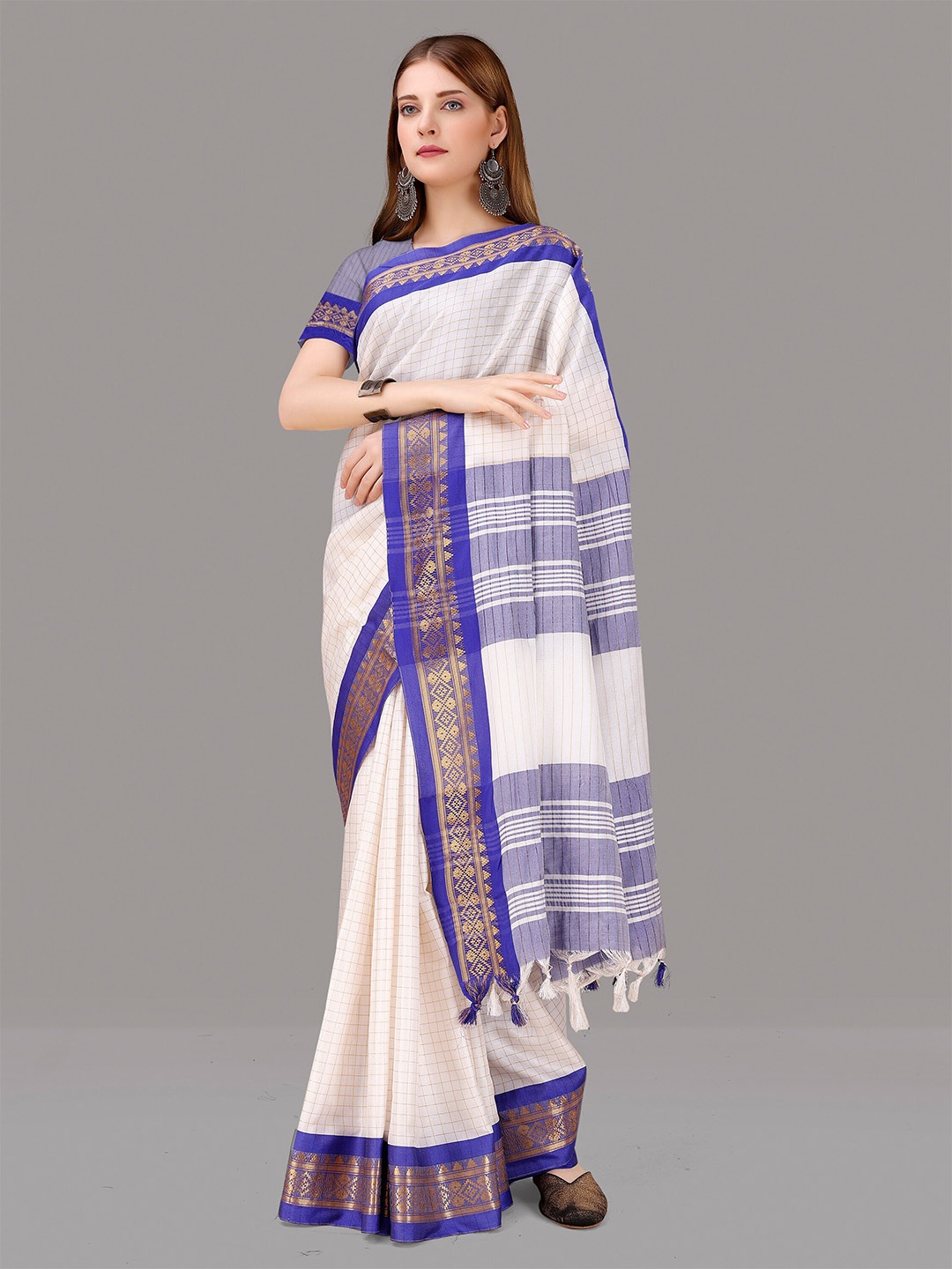 

ZIBLON Checked Zari Kanjeevaram Saree, White