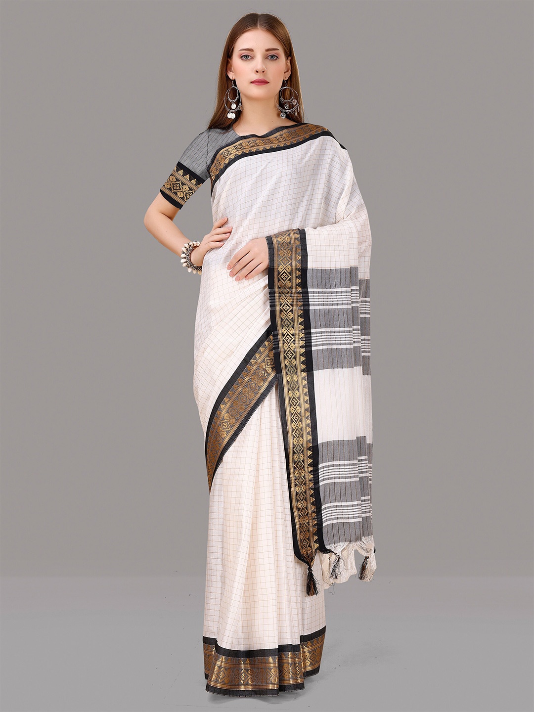 

ZIBLON Checked Zari Kanjeevaram Saree, White