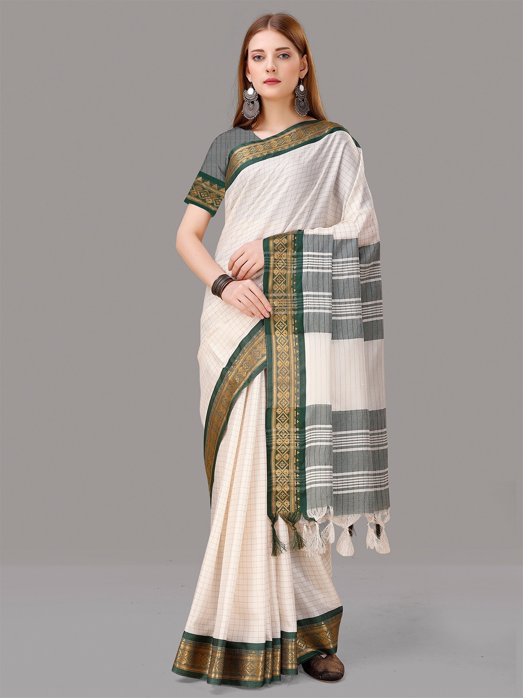 

ZIBLON Checked Zari Kanjeevaram Saree, White