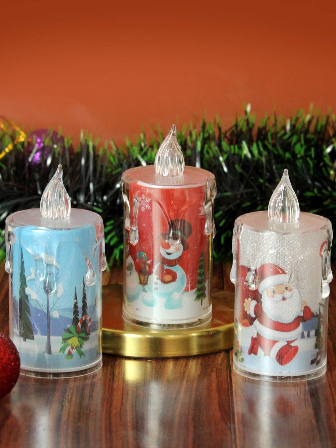 

TIED RIBBONS Red & Blue 3 Pieces Christmas Theme Printed Battery Operated LED Candles