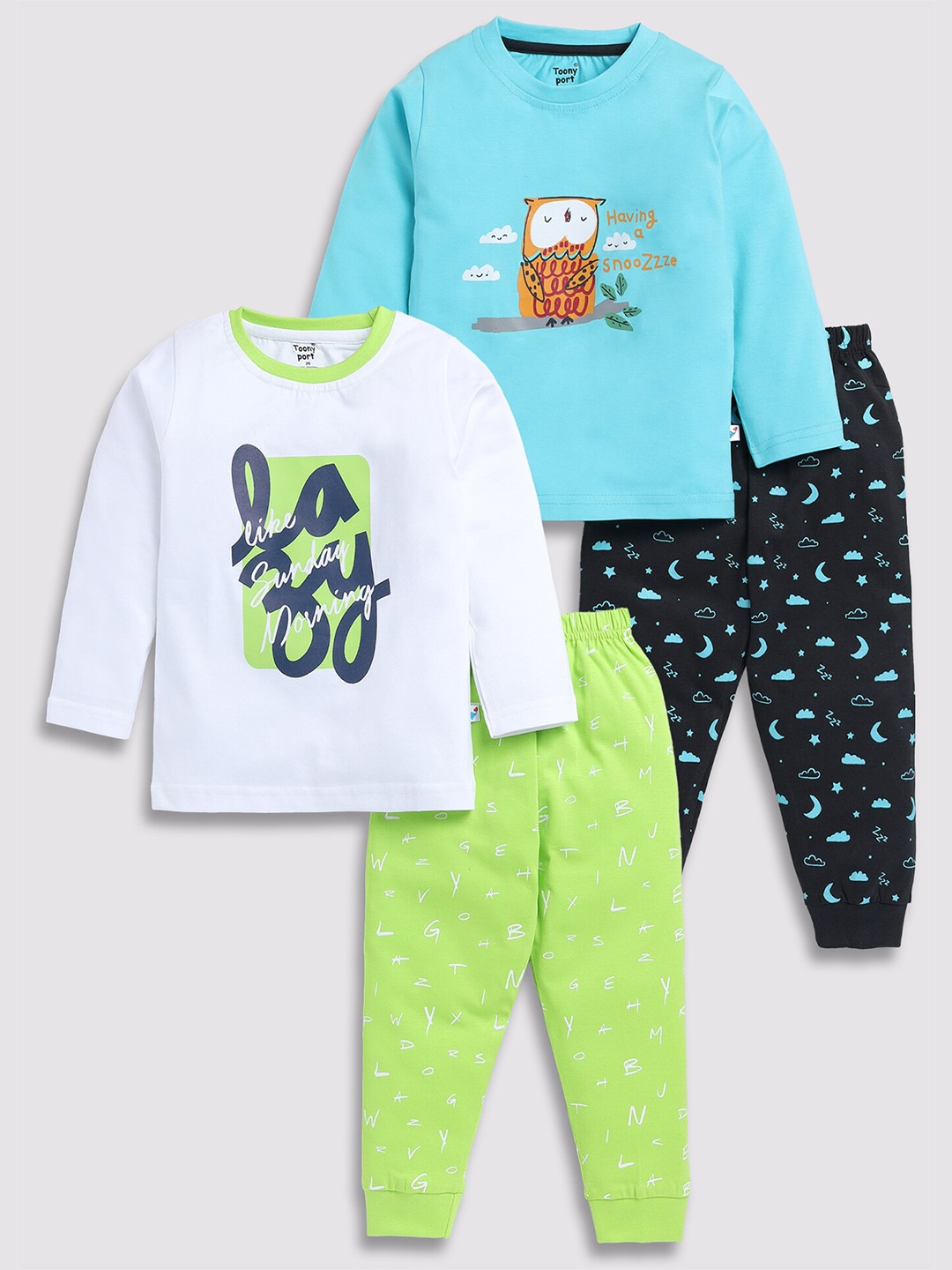 

Toonyport Kids Pack of 2 Printed Pure Cotton T-shirt With Pyjamas, Blue