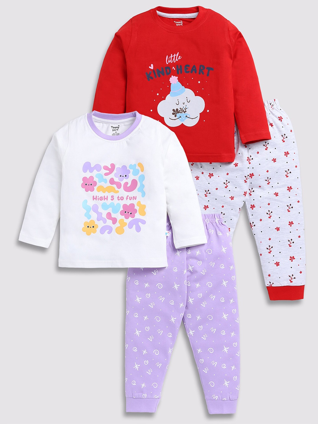 

Toonyport Kids Pack Of 2 Printed Pure Cotton T-shirt With Joggers, White