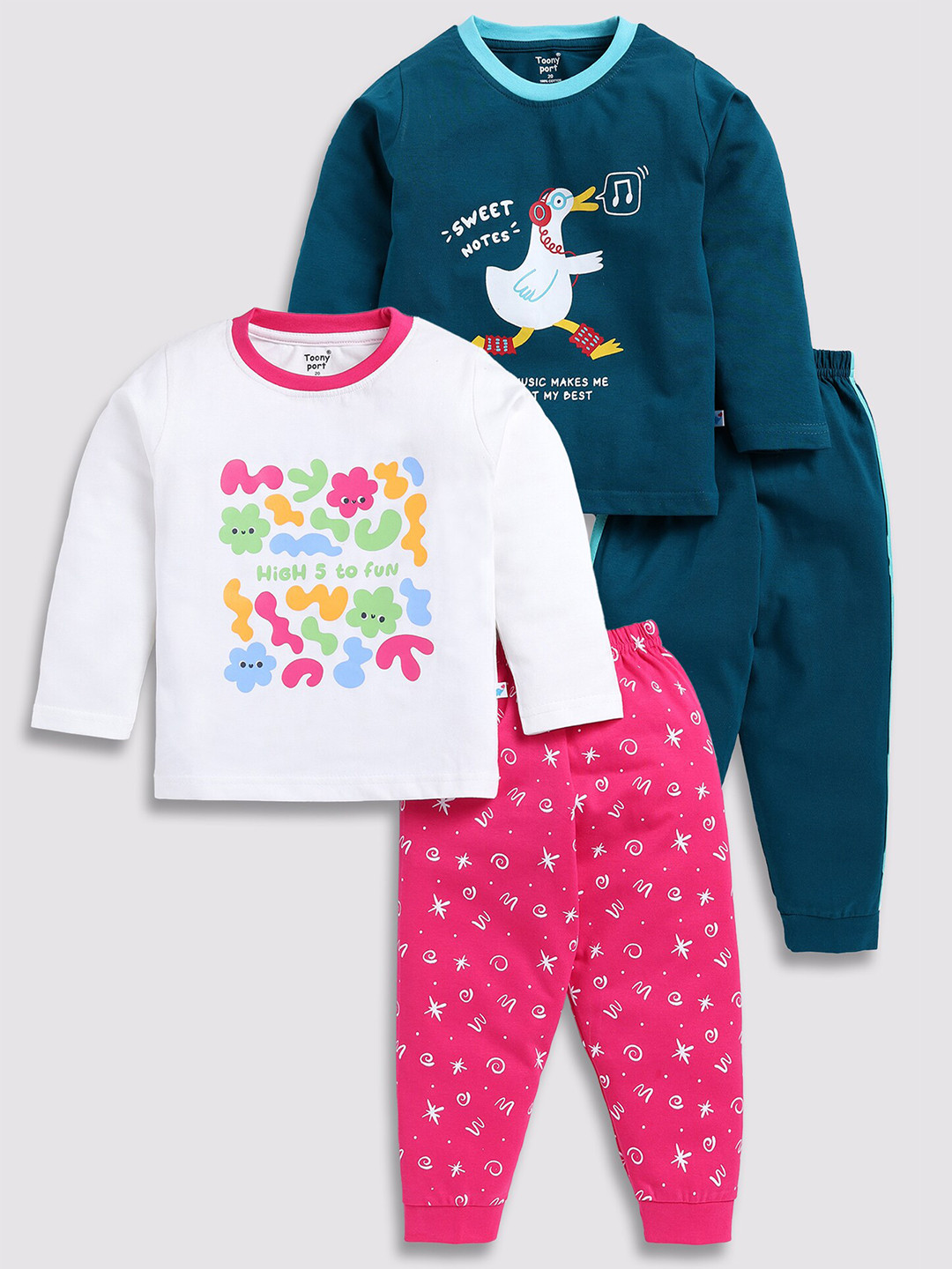 

Toonyport Kids Pack Of 2 Printed Pure Cotton T-shirt With Joggers, Pink
