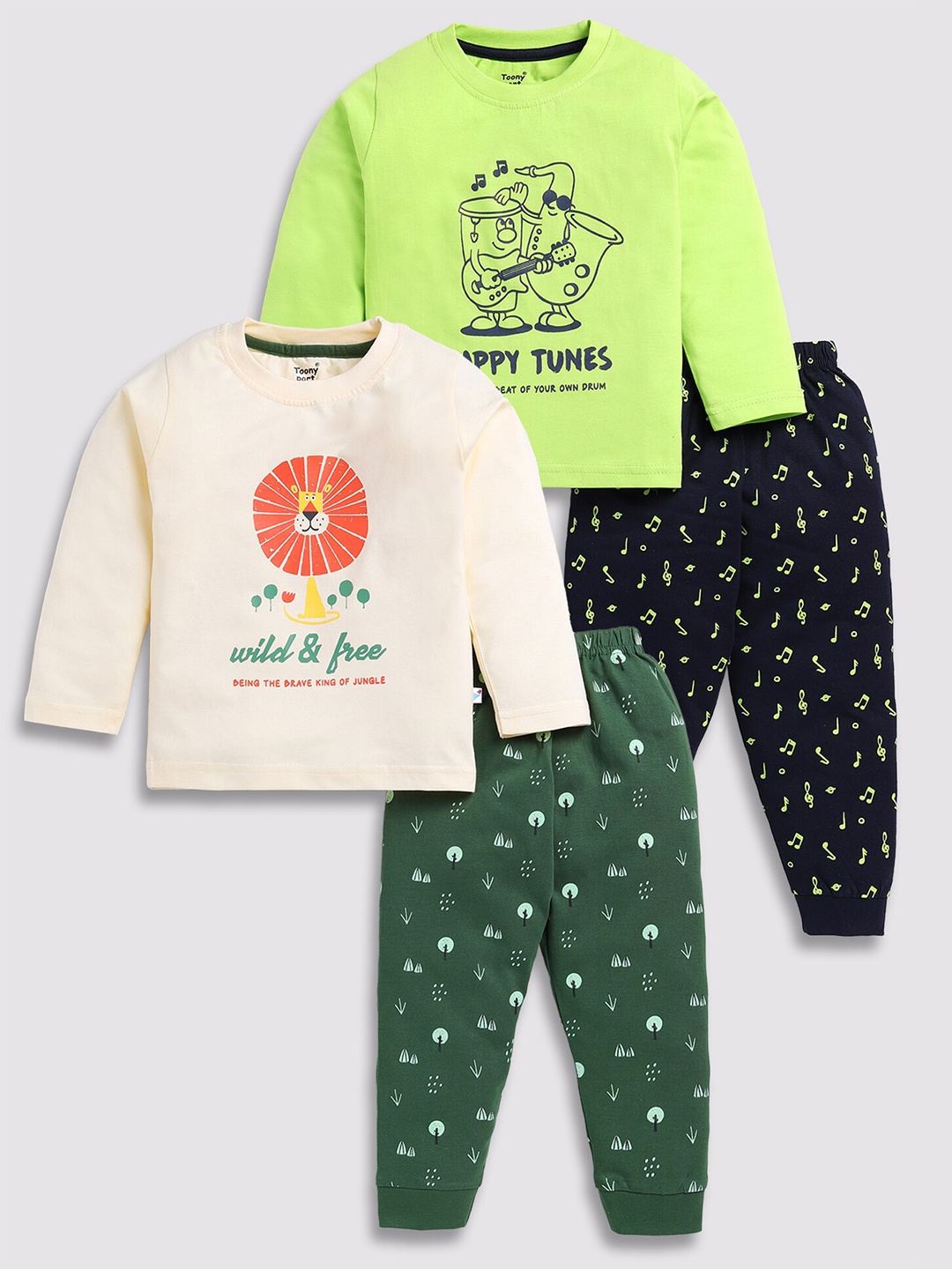 

Toonyport Kids Pack of 2 Printed Pure Cotton T-shirt With Pyjamas, Green