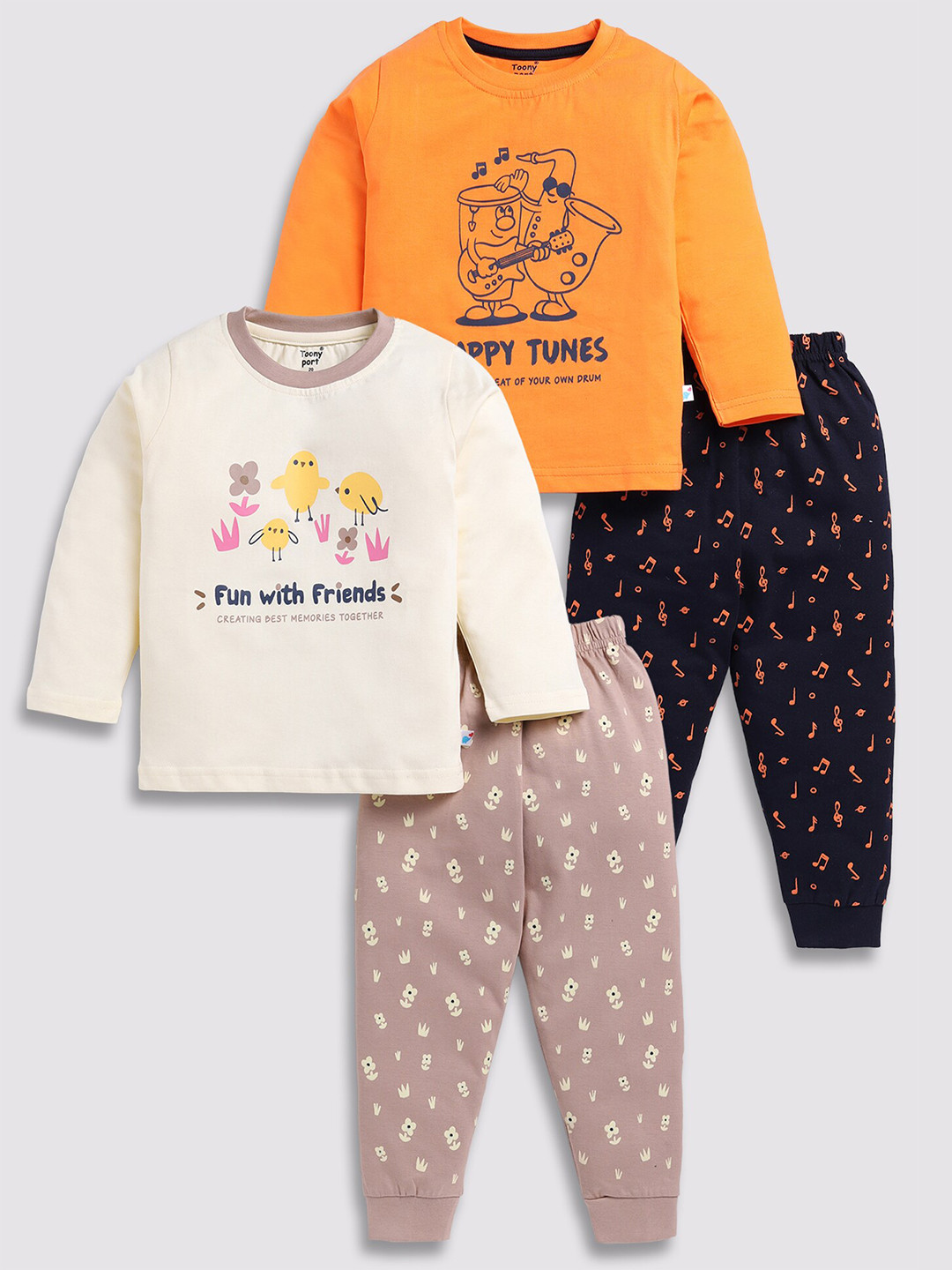 

Toonyport Kids Pack of 2 Printed Pure Cotton T-shirt With Pyjamas, Orange