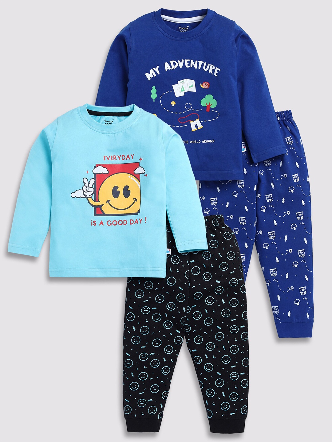 

Toonyport Kids Pack Of 2 Printed Pure Cotton T-shirt With Joggers, Navy blue