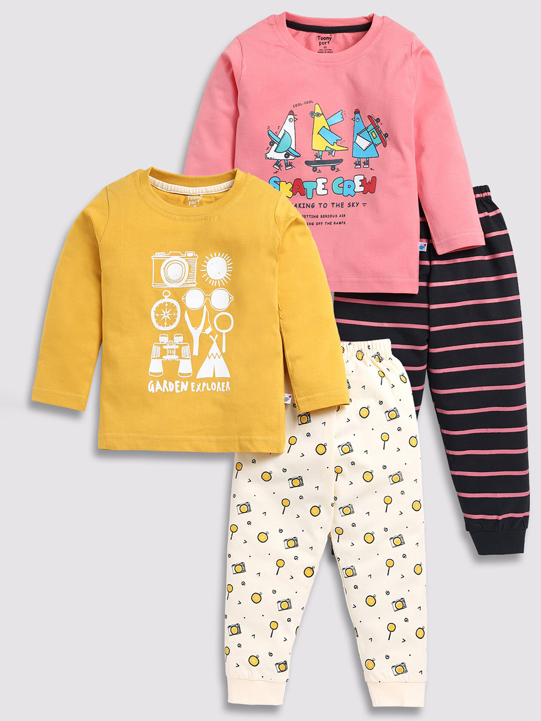 

Toonyport Kids Pack Of 2 Printed Pure Cotton T-shirt With Joggers, Yellow