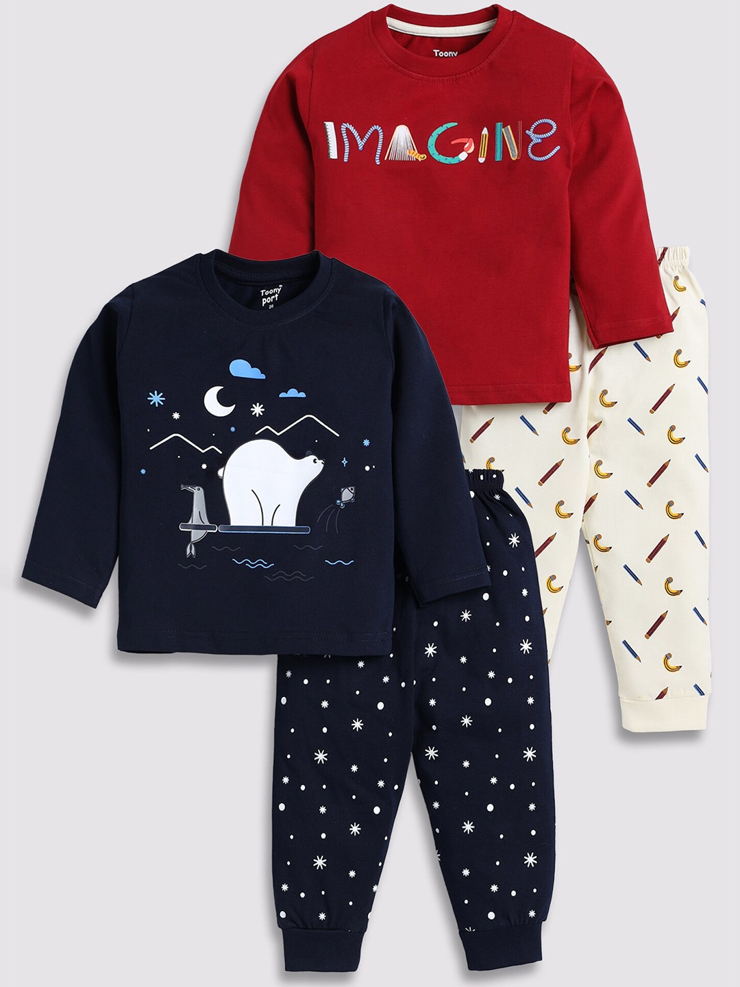 

Toonyport Kids Pack Of 2 Printed Pure Cotton T-shirt With Joggers, Navy blue