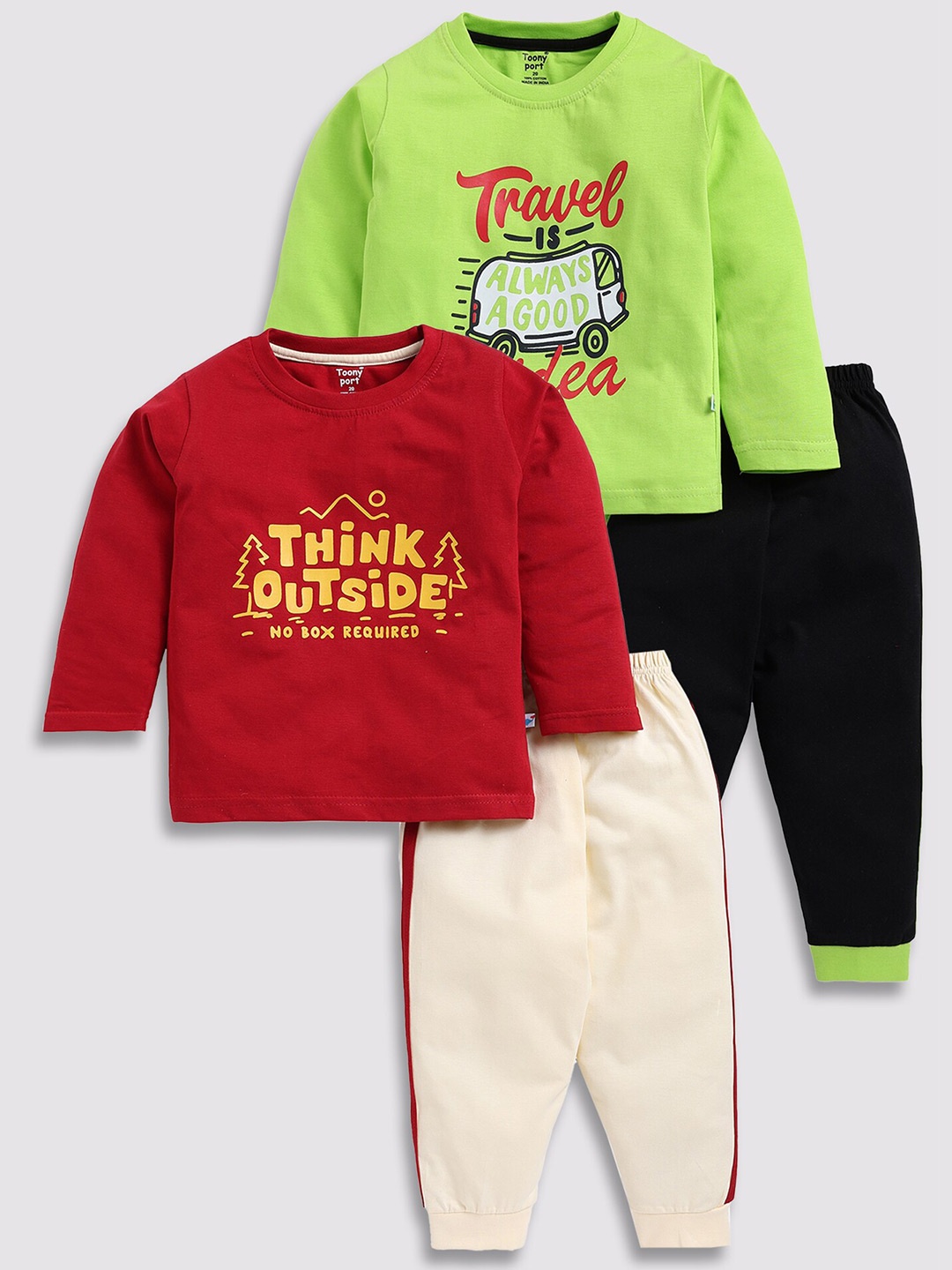

Toonyport Kids Pack of 2 Printed Pure Cotton T-shirt With Pyjamas, Green