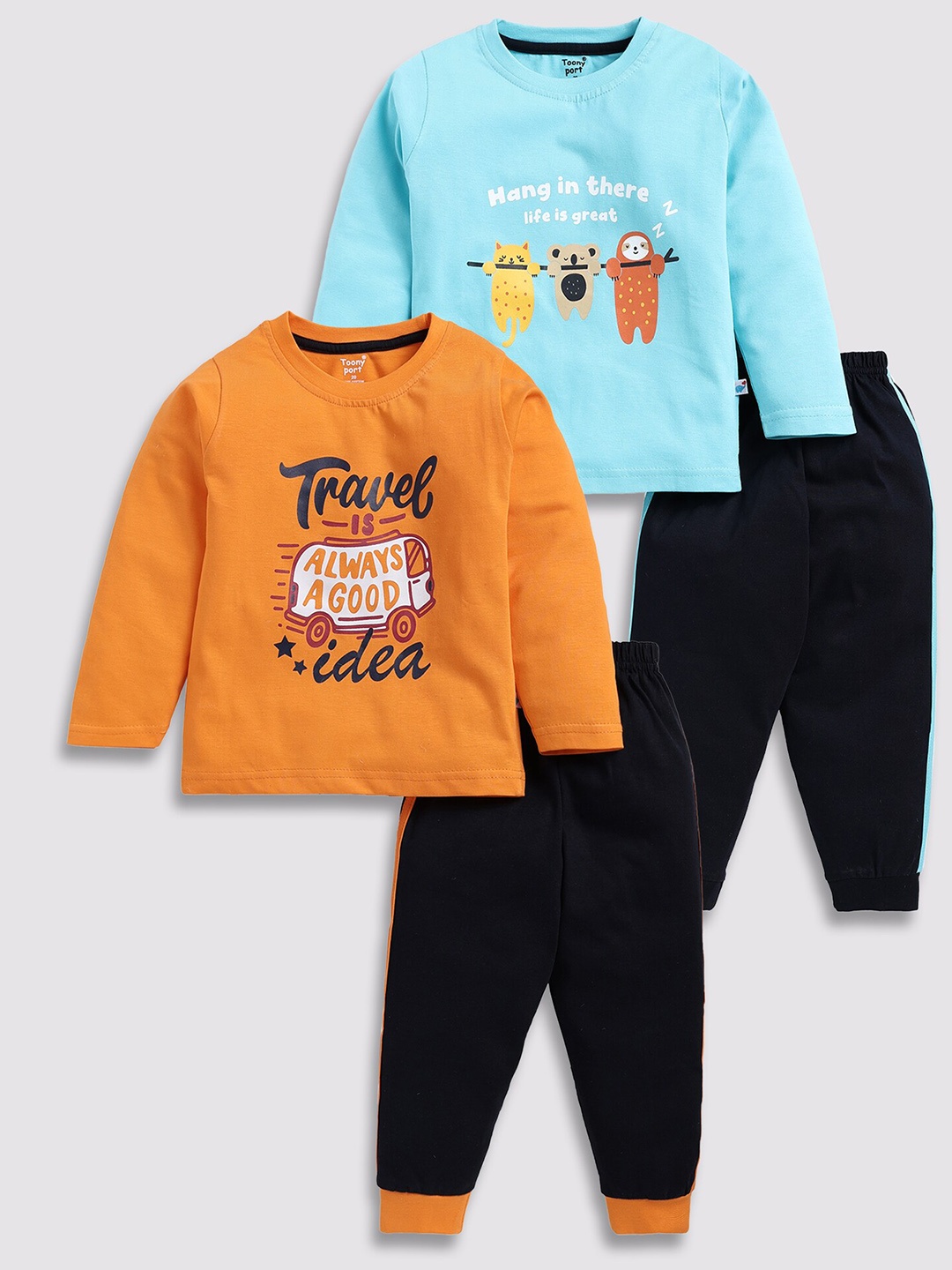 

Toonyport Kids Pack of 2 Printed Pure Cotton T-shirt With Pyjamas, Orange