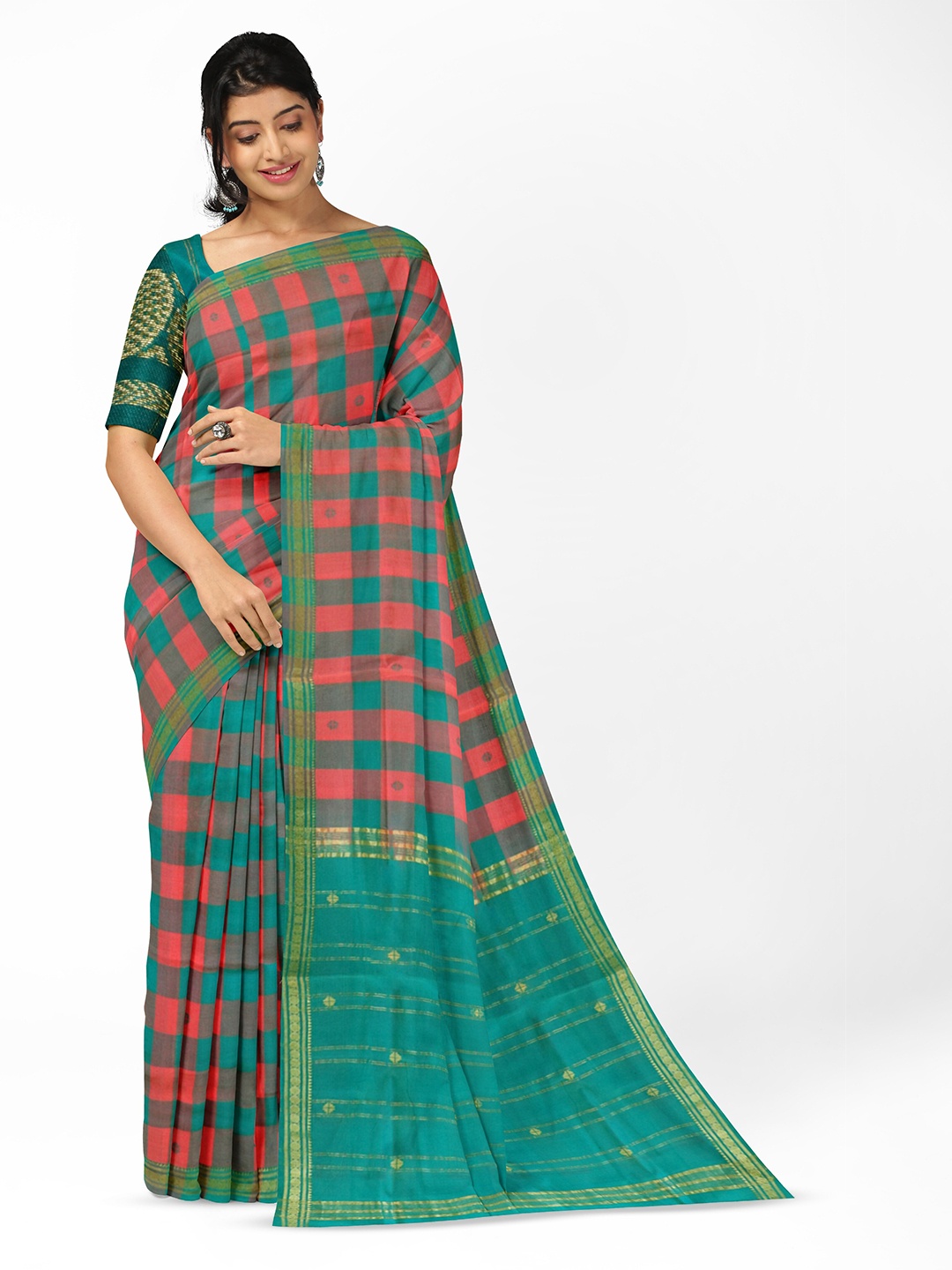 

APCO Checked Pure Cotton Saree With Woven Design Border, Red