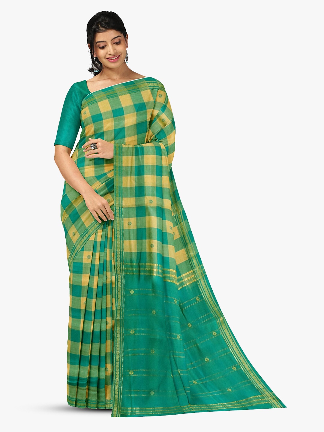 

APCO Checked Pure Cotton Saree With Woven Design Border, Green