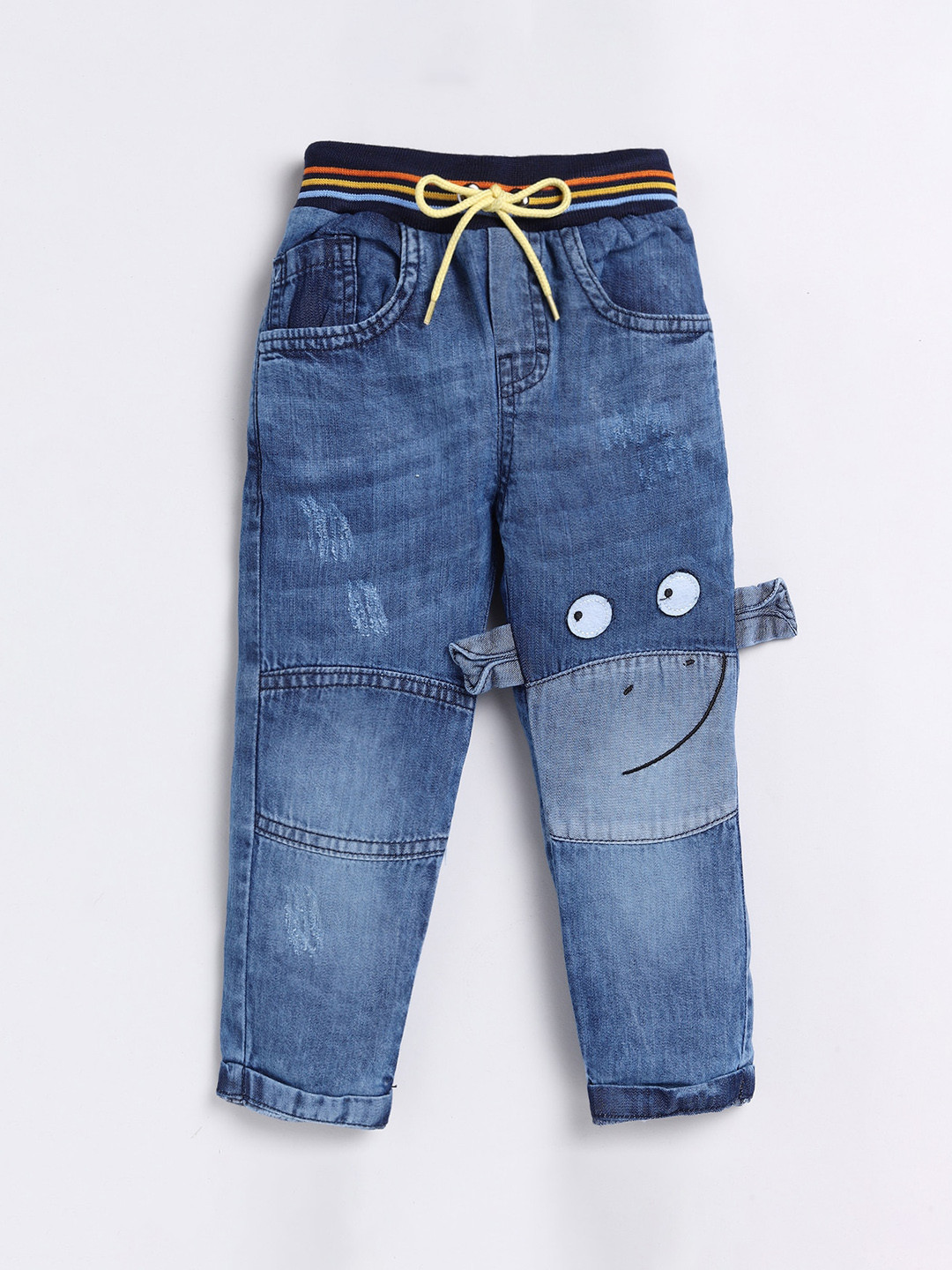 

DENIKID Infants Mid-Rise Low Distress Embroidered Detail Light Fade Pure Cotton Jeans, Blue