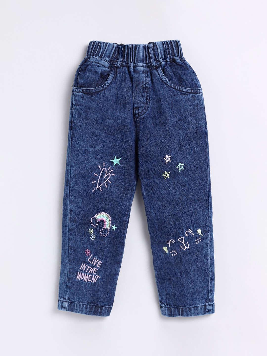 

DENIKID Kids Embroidered Regular Fit Light Fade Pure Cotton Jeans, Blue