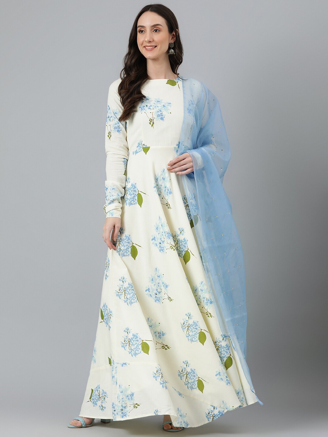 

Vinya Floral Printed Cotton Dress With Dupatta, Off white