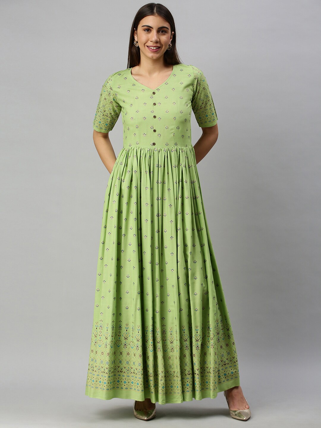 

Vinya Ethnic Motifs Printed Maxi Ethnic Dress, Green
