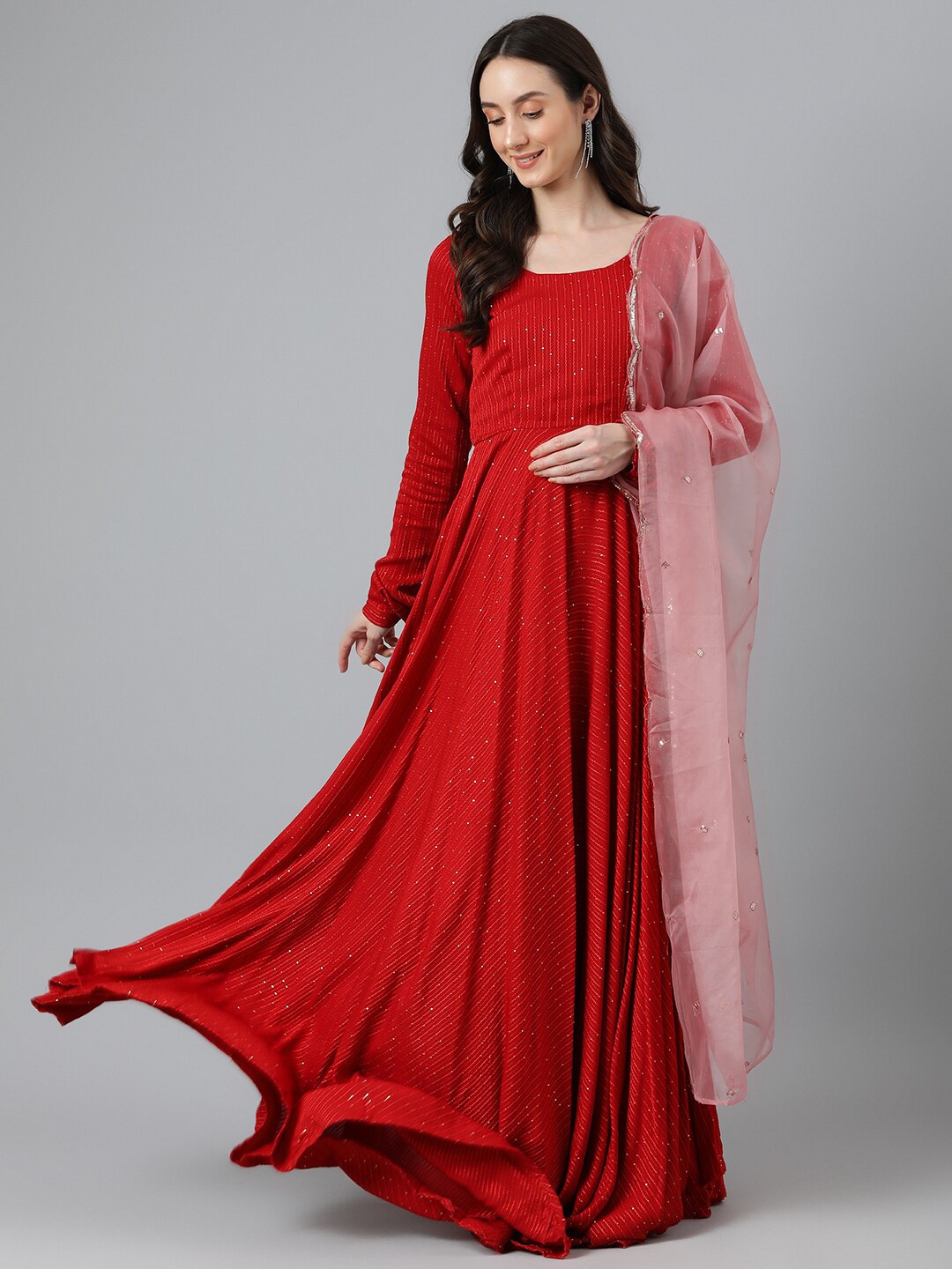 

Vinya Striped Fit & Flare Dress With Dupatta, Red