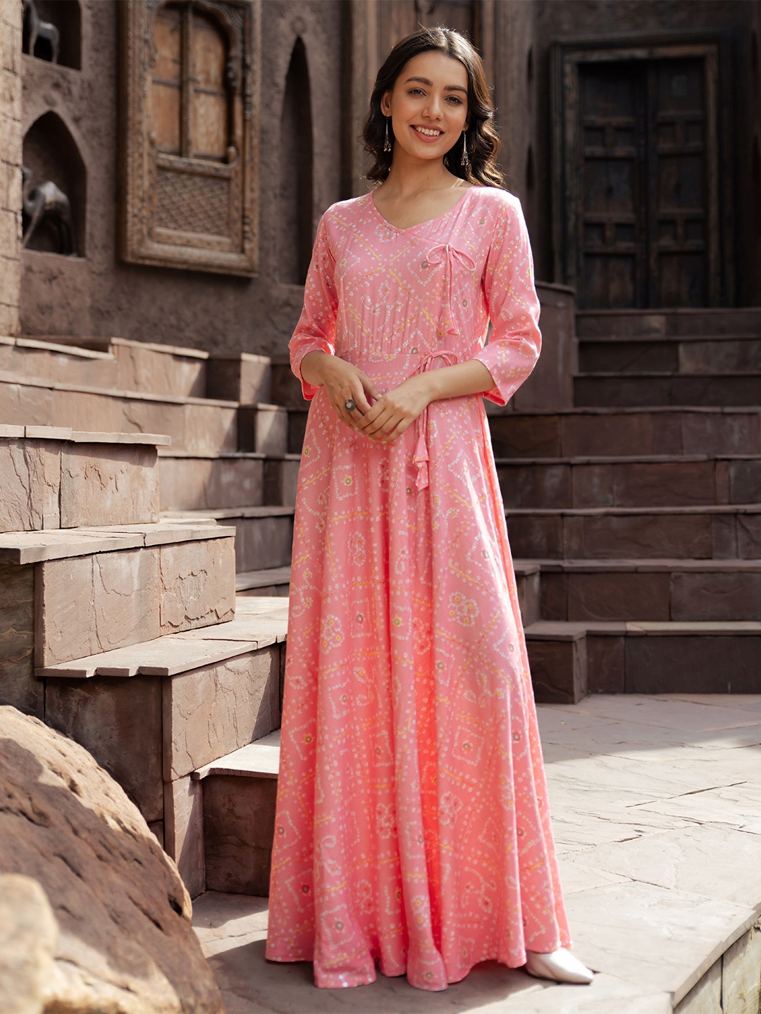 

Vinya Bandini Printed Wrap Fit & Flare Dress, Pink