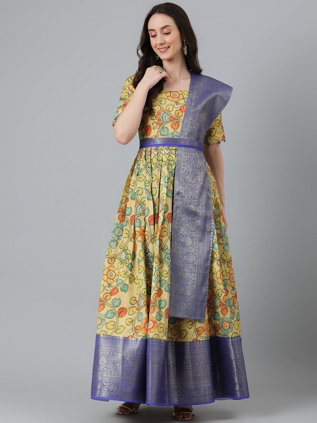 

Vinya Floral Printed Maxi Ethnic Dress With Dupatta, Yellow