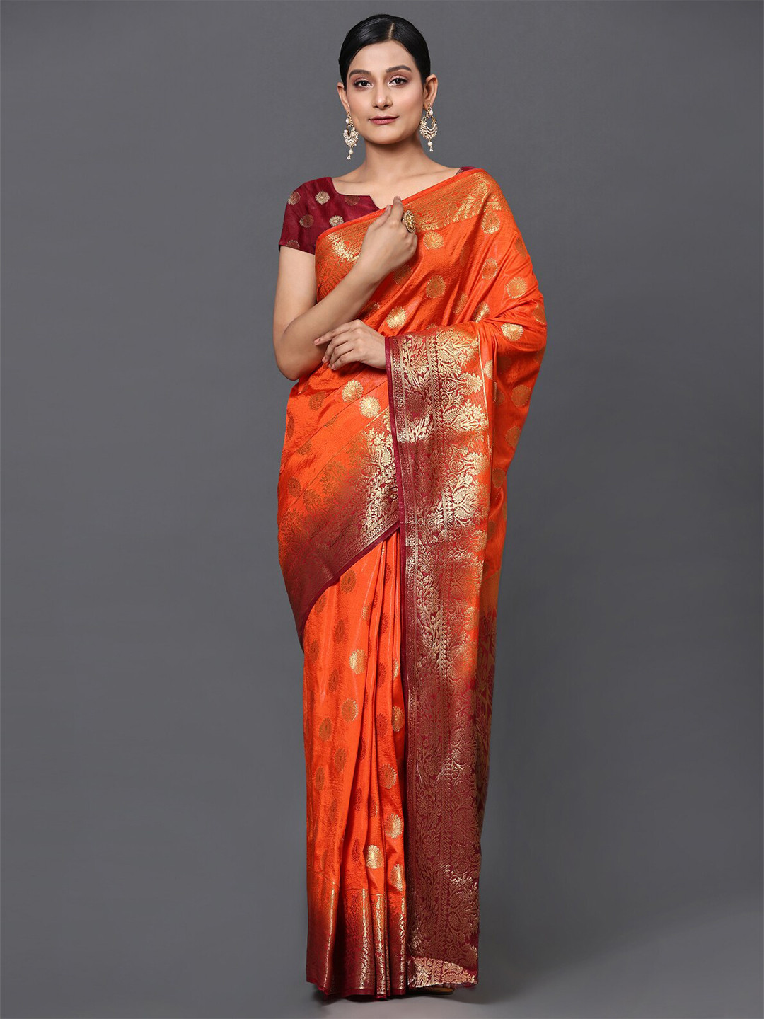 

GoStyle Ethnic Motifs Woven Design Zari Banarasi Saree, Orange