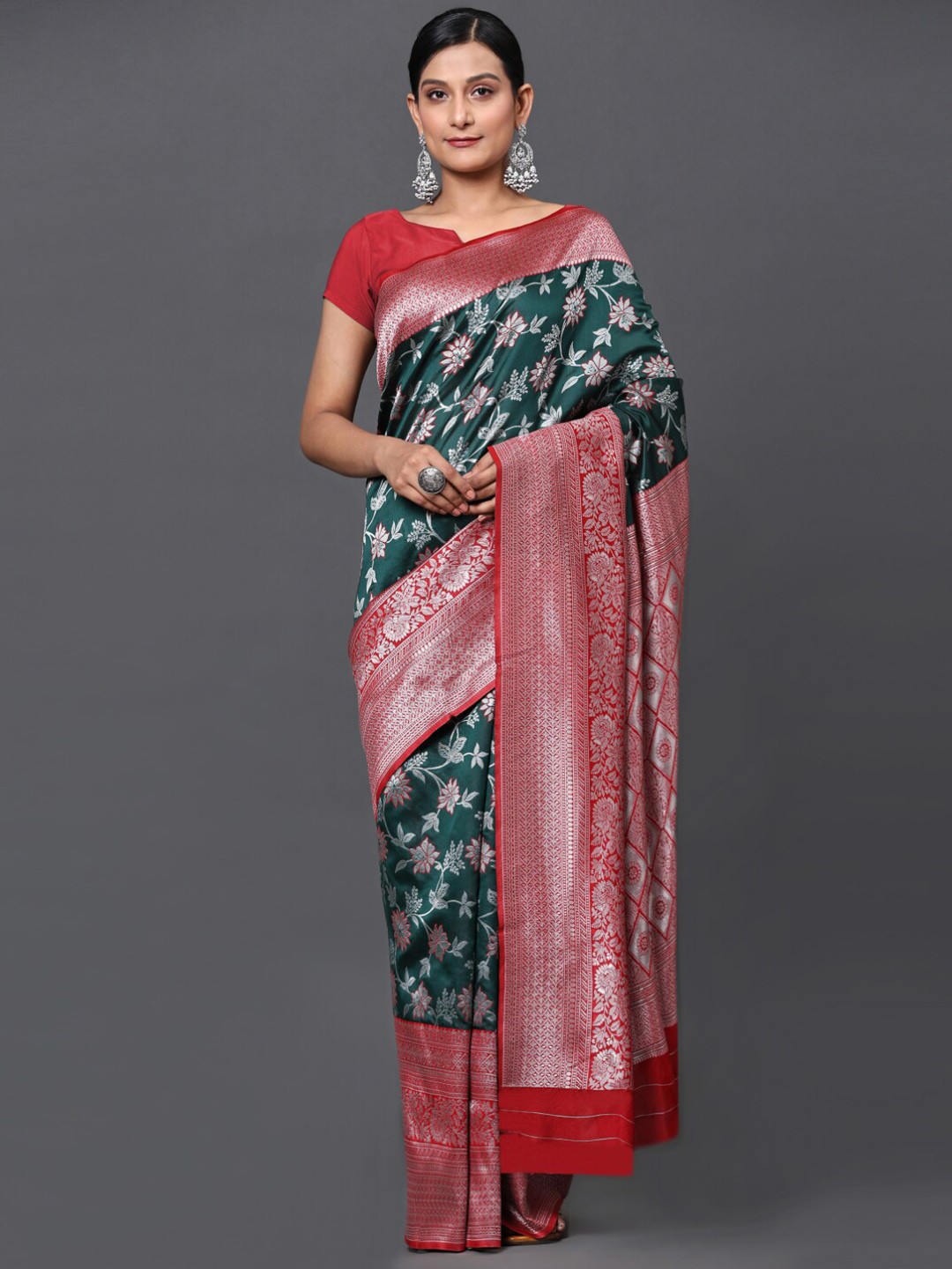 

GoStyle Floral Woven Design Zari Detailed Banarasi Saree, Teal