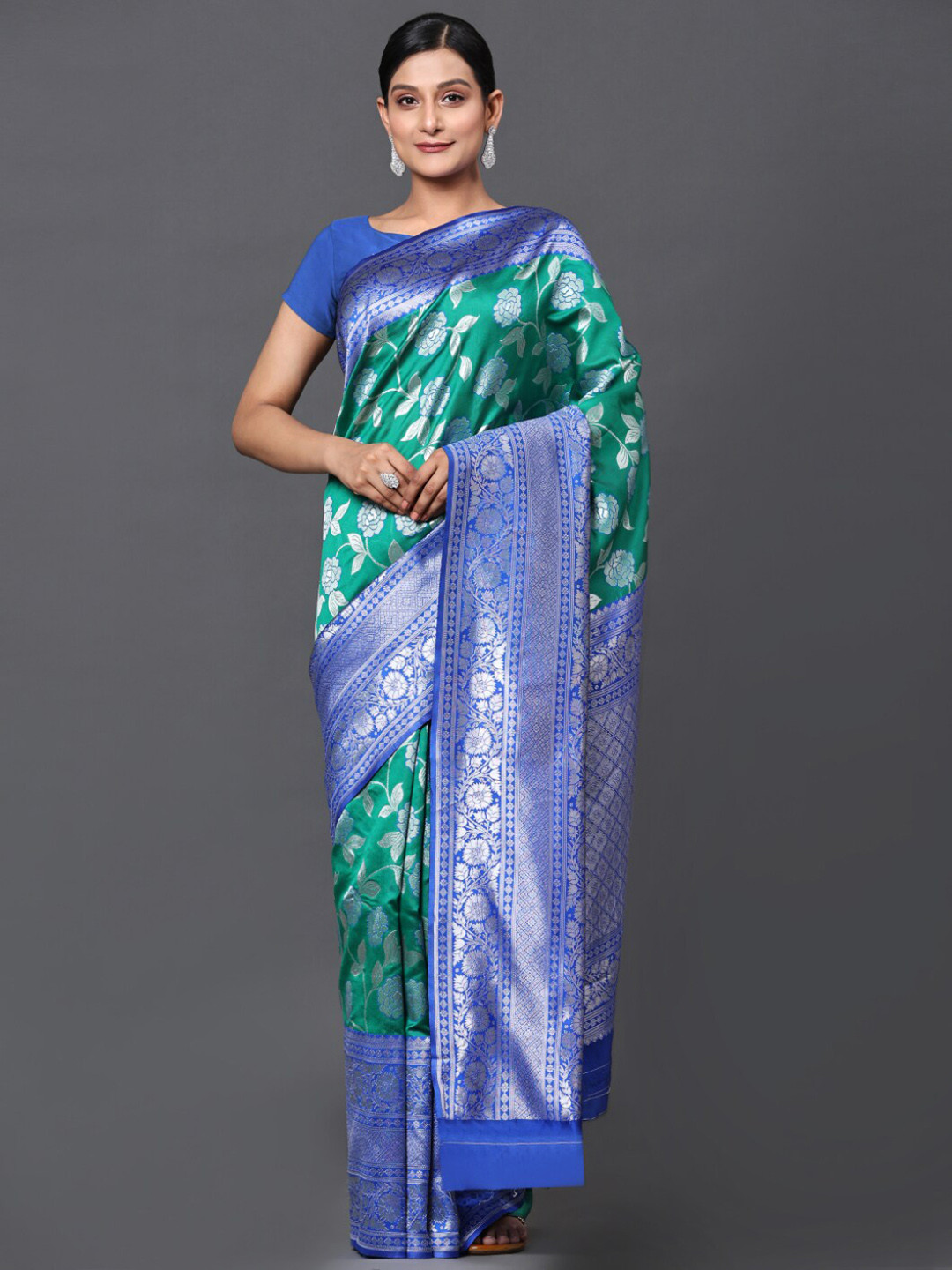 

GoStyle Floral Woven Design Zari Banarasi Saree, Sea green